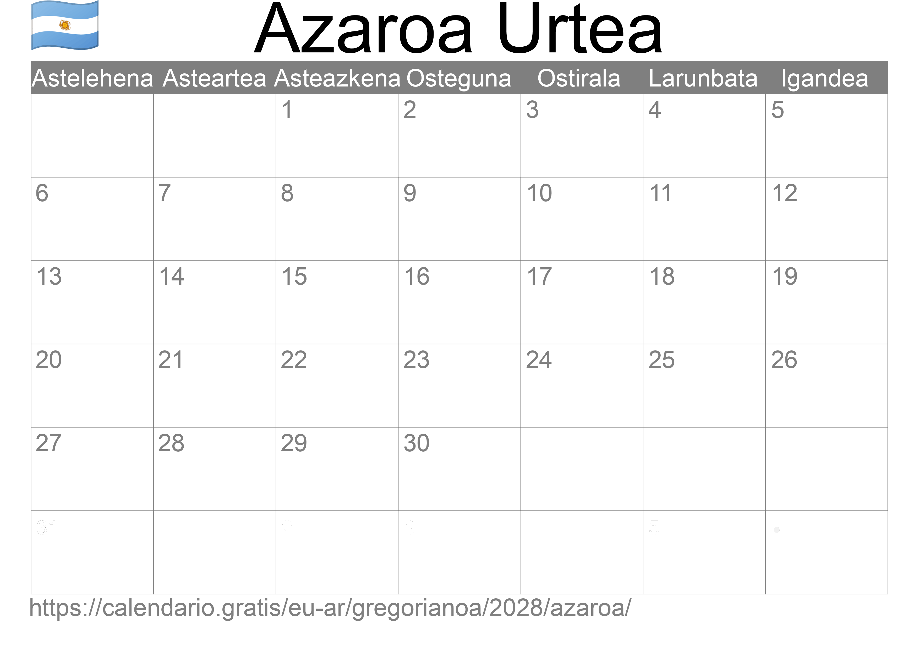 2028ko Azaroa egutegia inprimatzeko