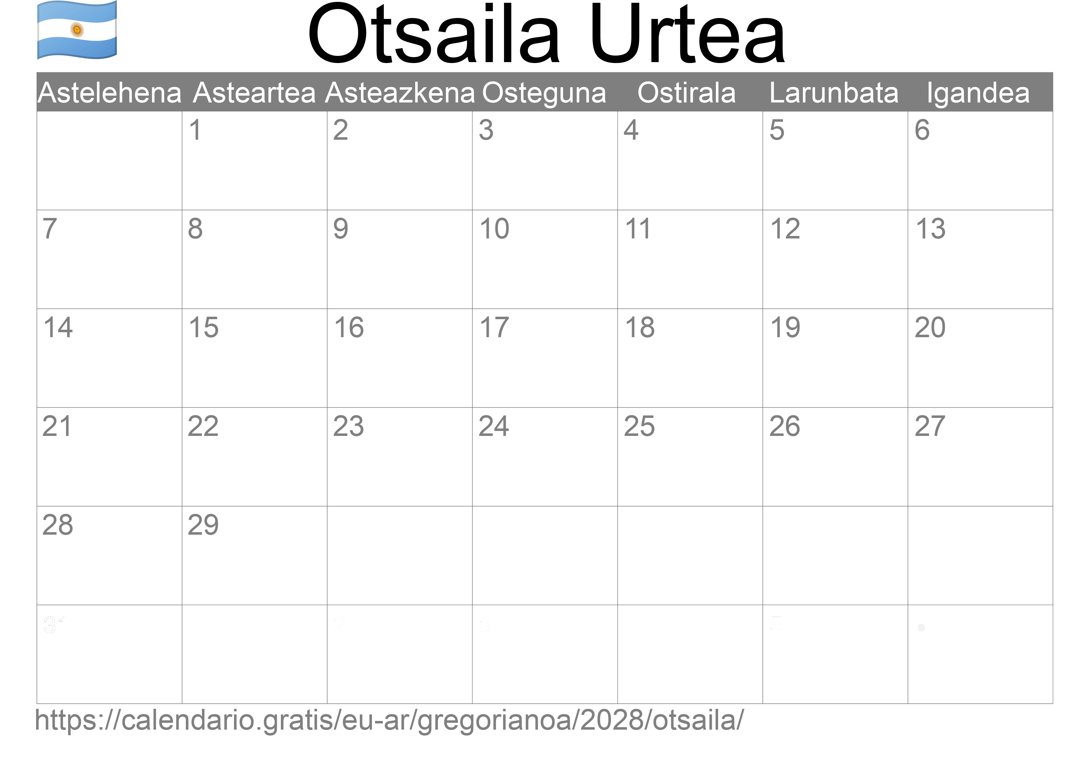 2028ko Otsaila egutegia inprimatzeko