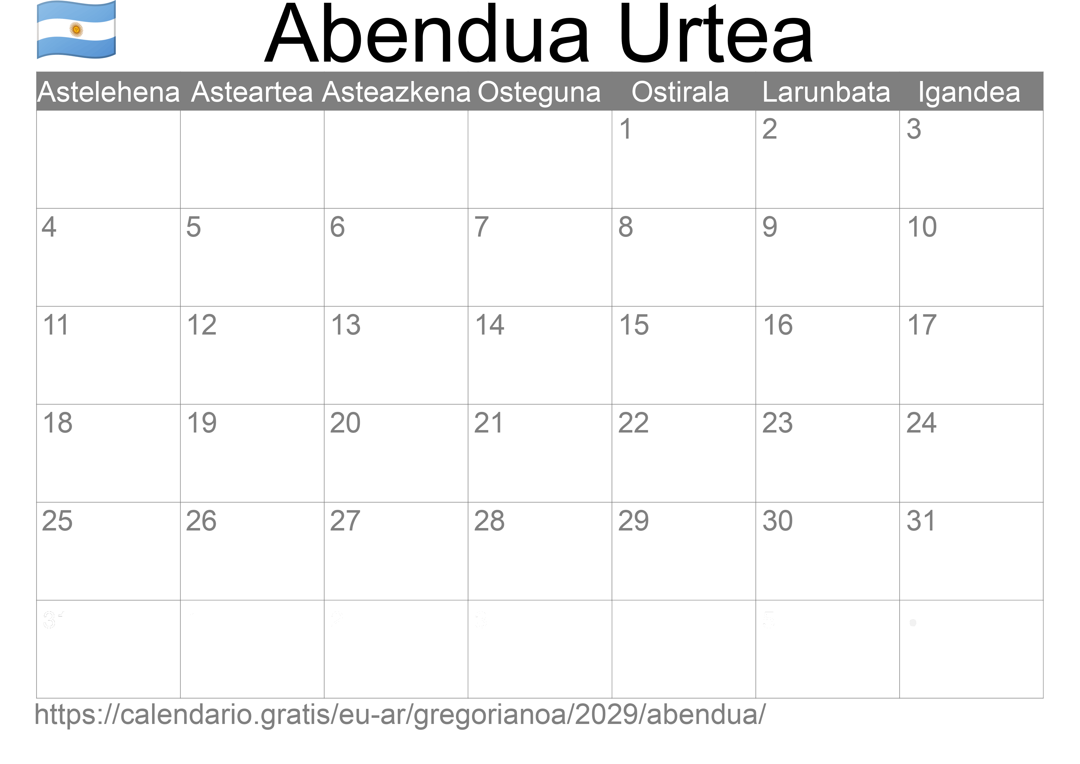 2029ko Abendua egutegia inprimatzeko