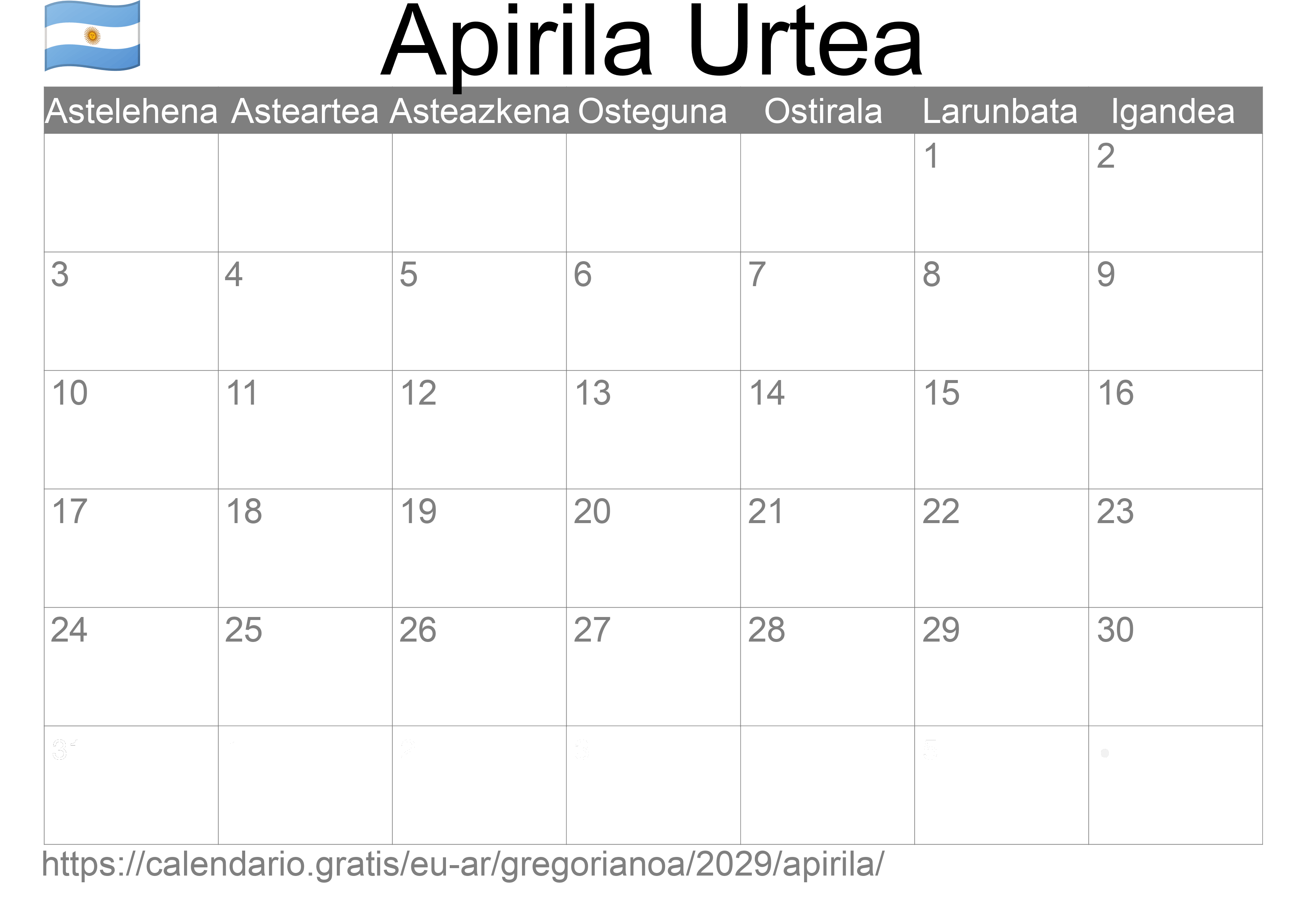 2029ko Apirila egutegia inprimatzeko