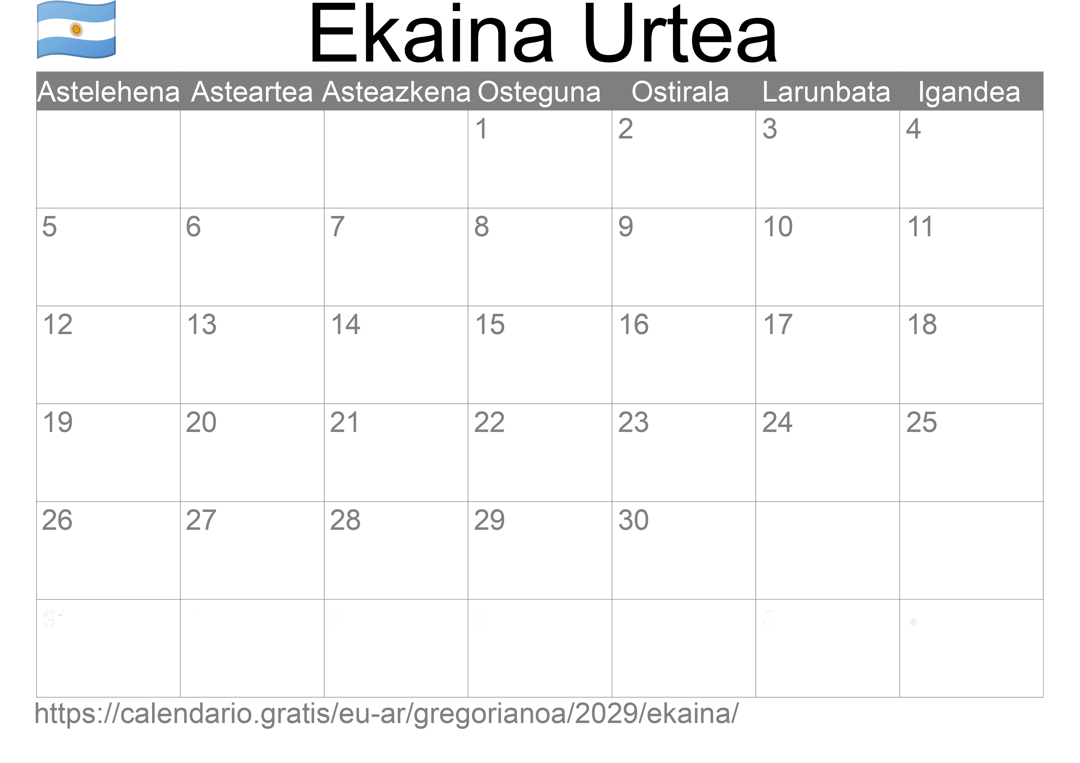 2029ko Ekaina egutegia inprimatzeko