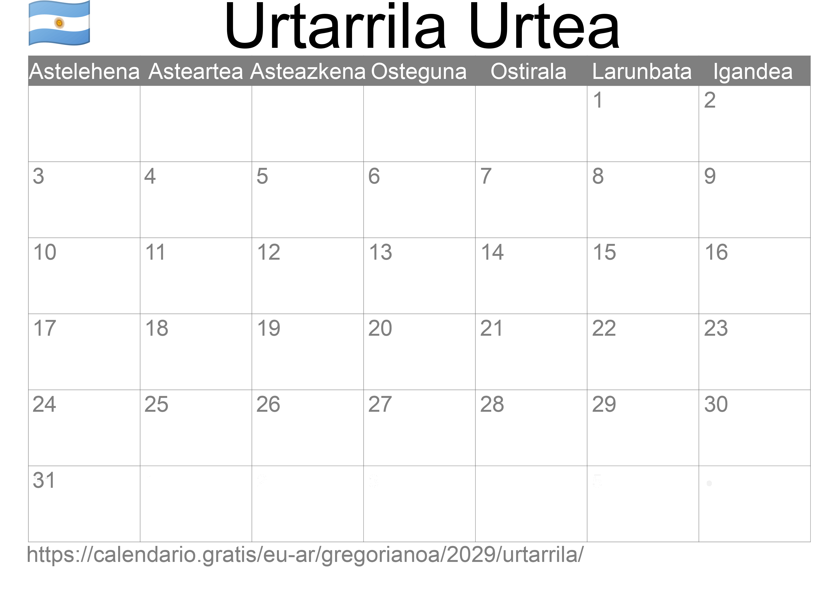 2029ko Urtarrila egutegia inprimatzeko