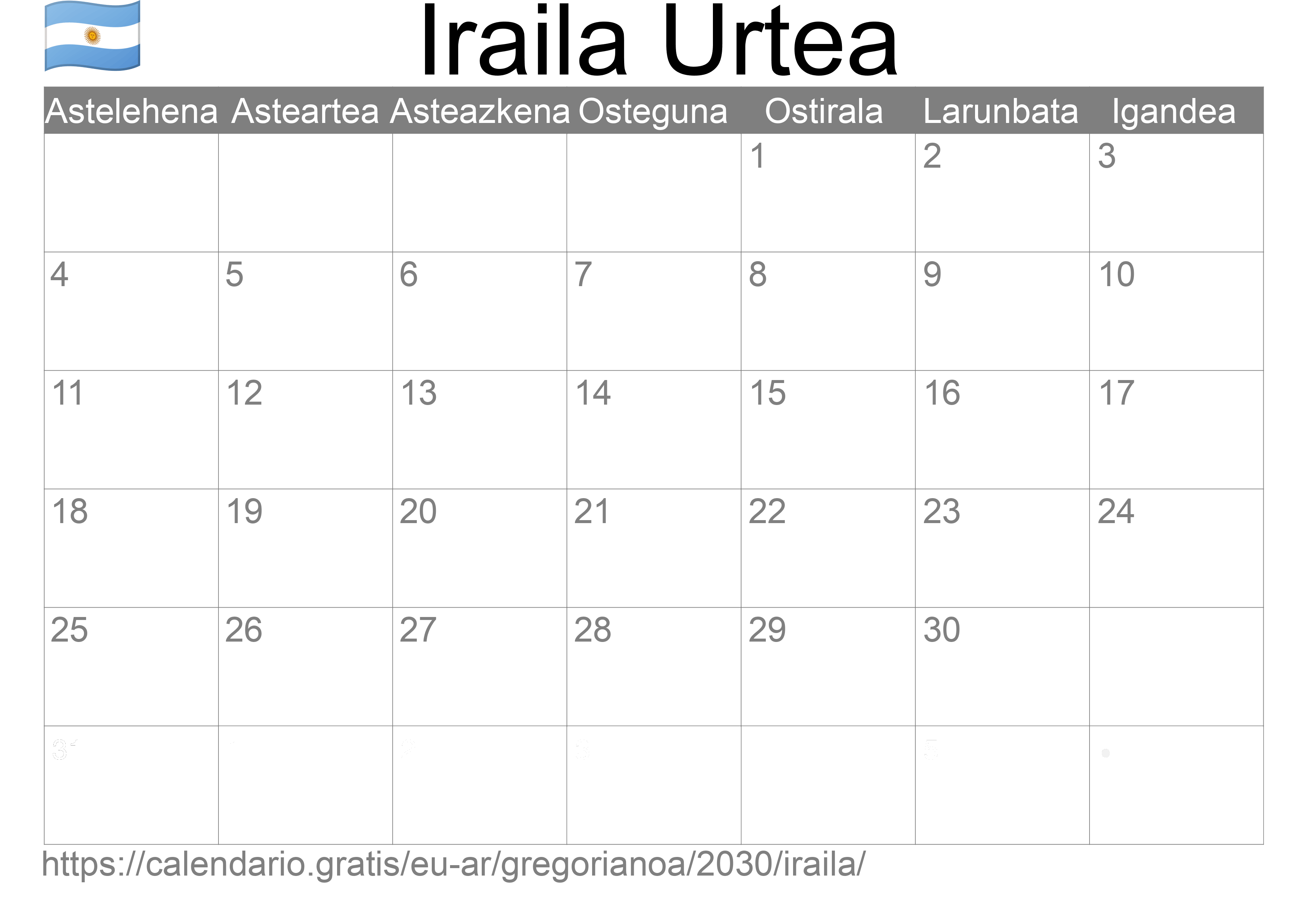 2030ko Iraila egutegia inprimatzeko