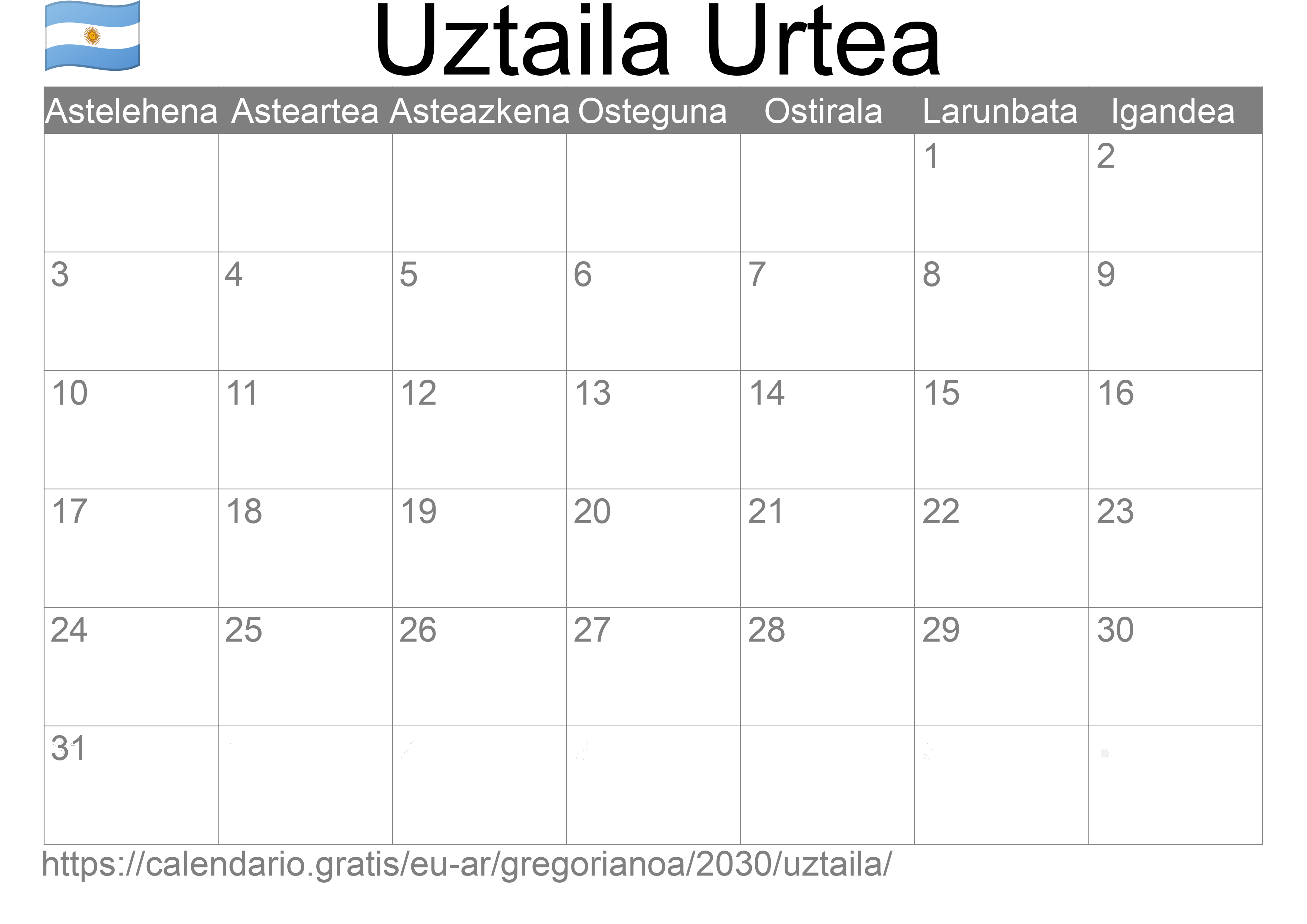 2030ko Uztaila egutegia inprimatzeko