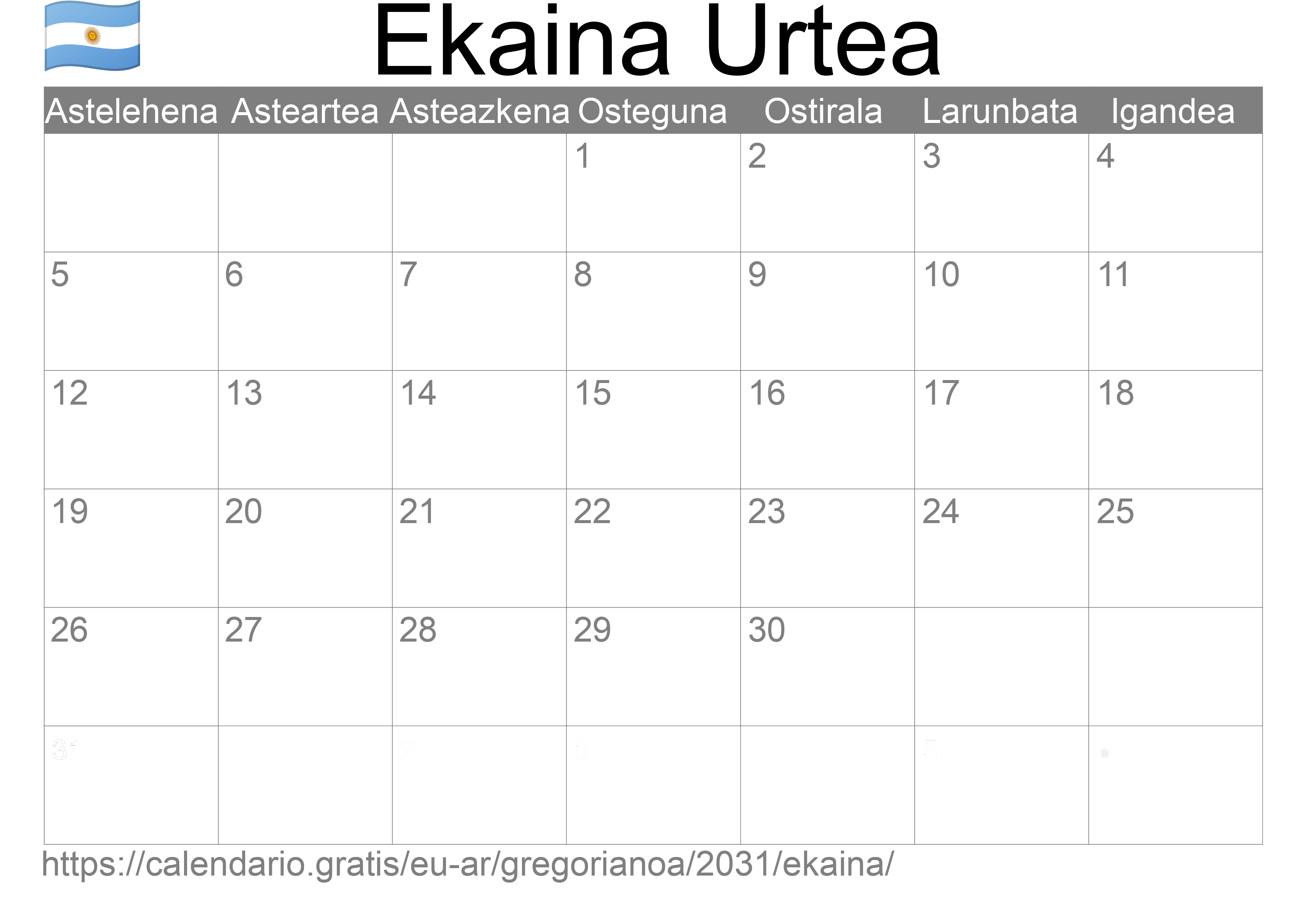 2031ko Ekaina egutegia inprimatzeko