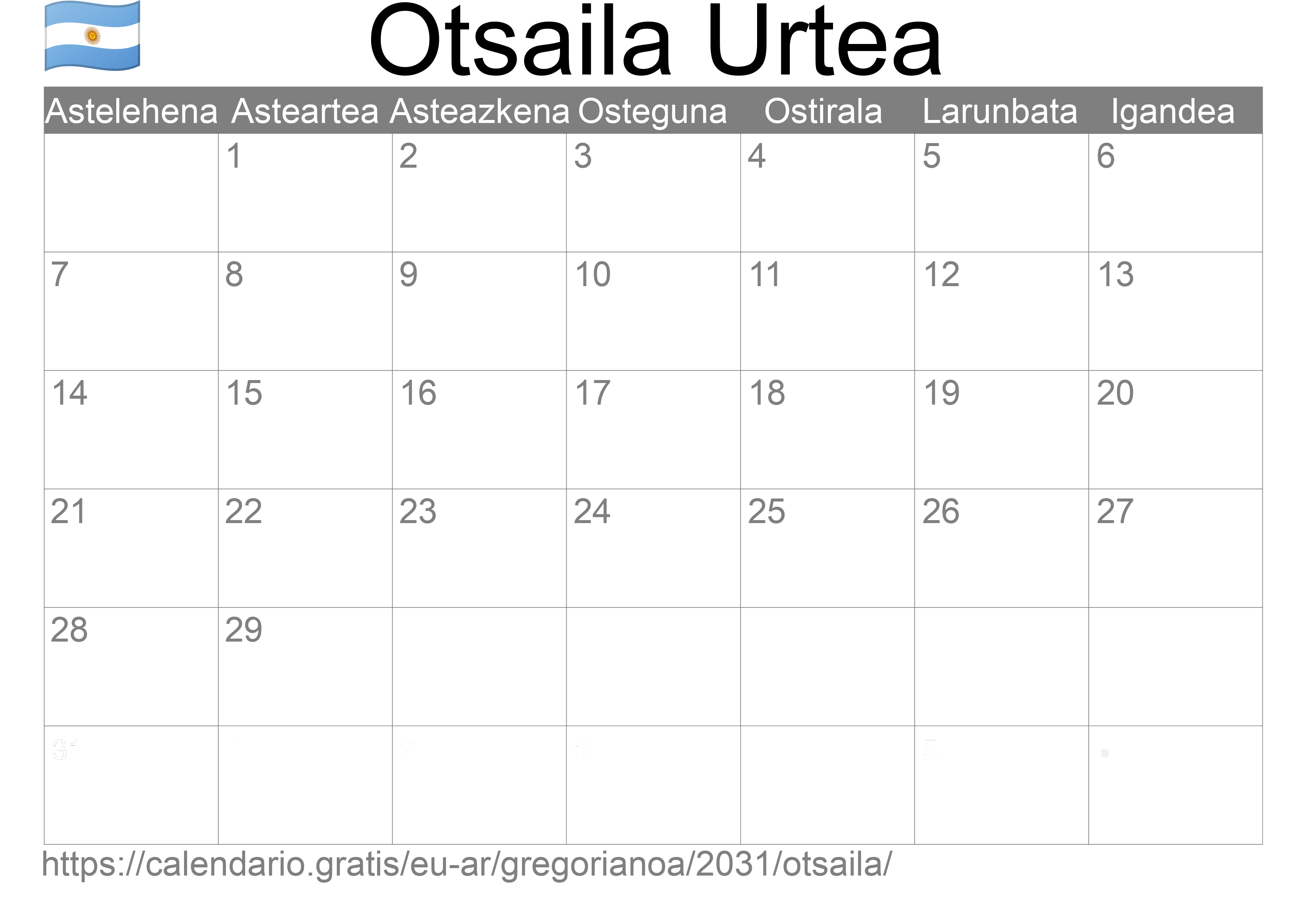 2031ko Otsaila egutegia inprimatzeko