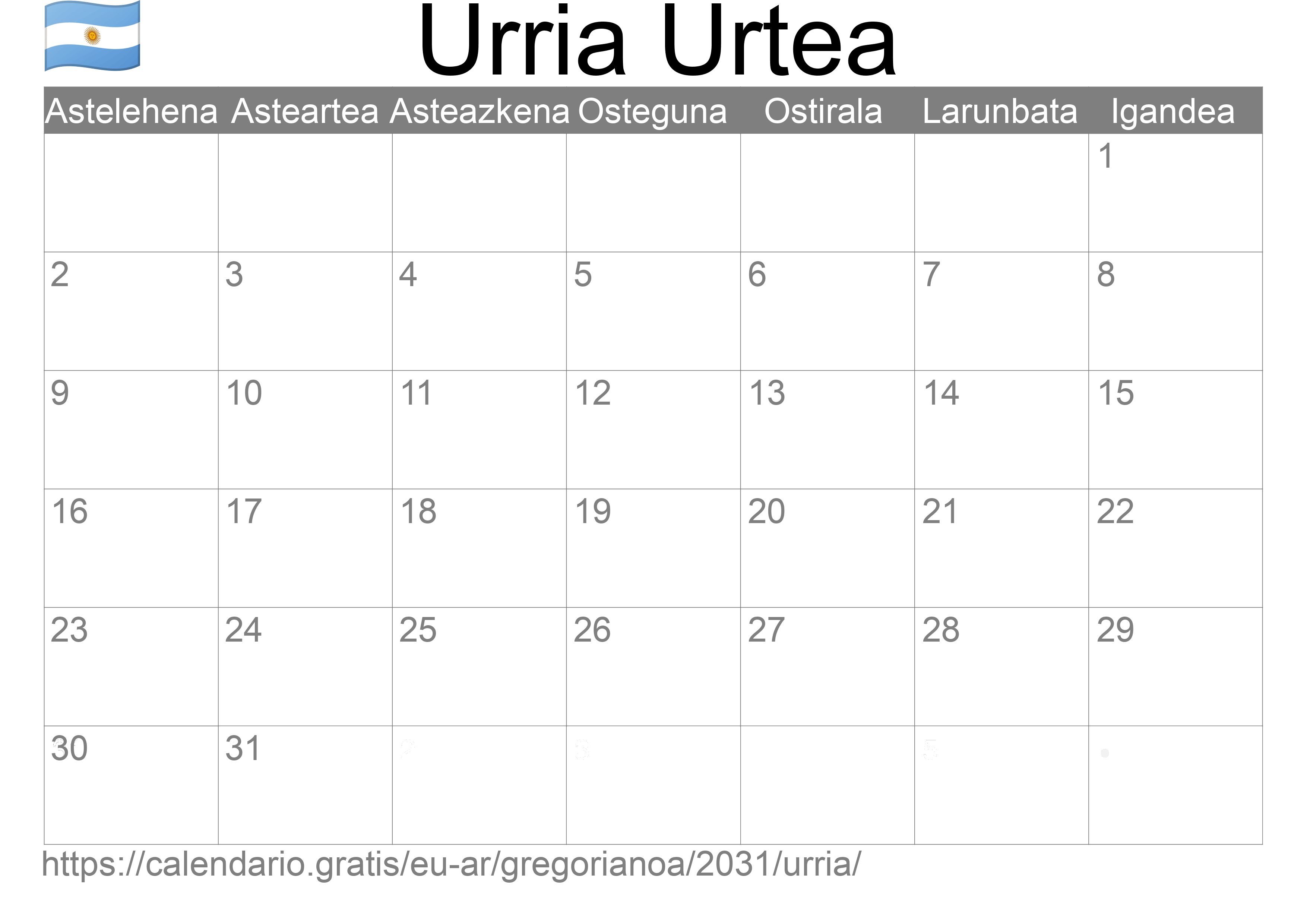 2031ko Urria egutegia inprimatzeko