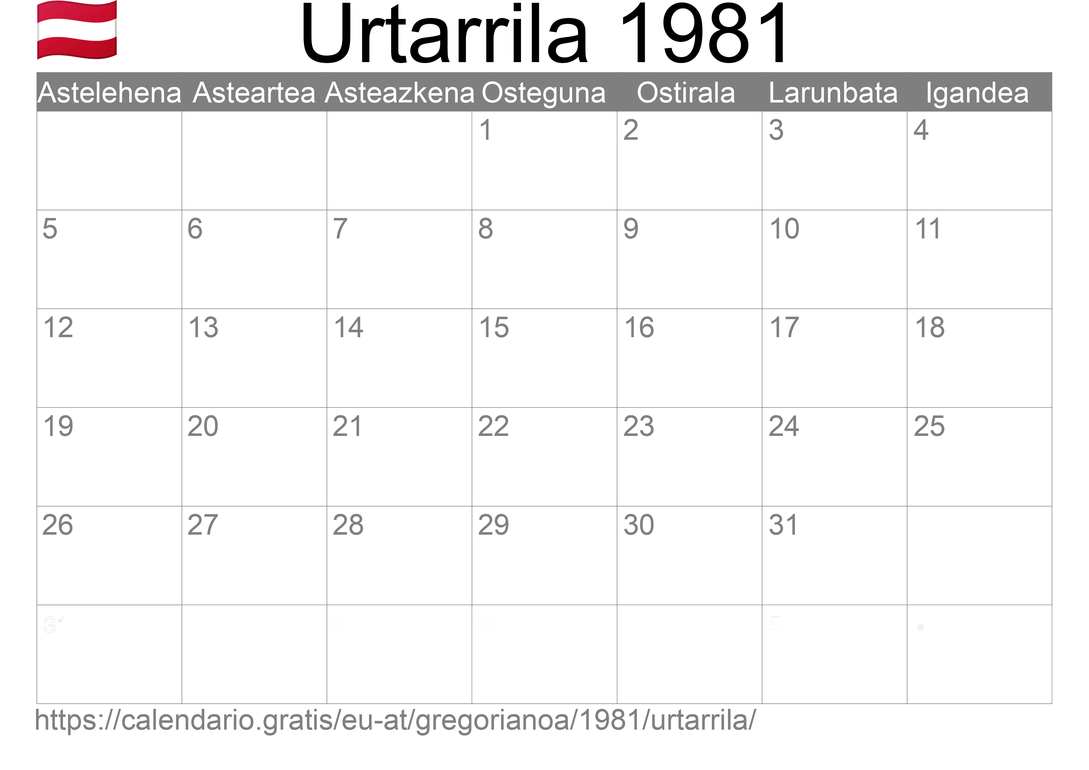 1981ko Urtarrila egutegia inprimatzeko