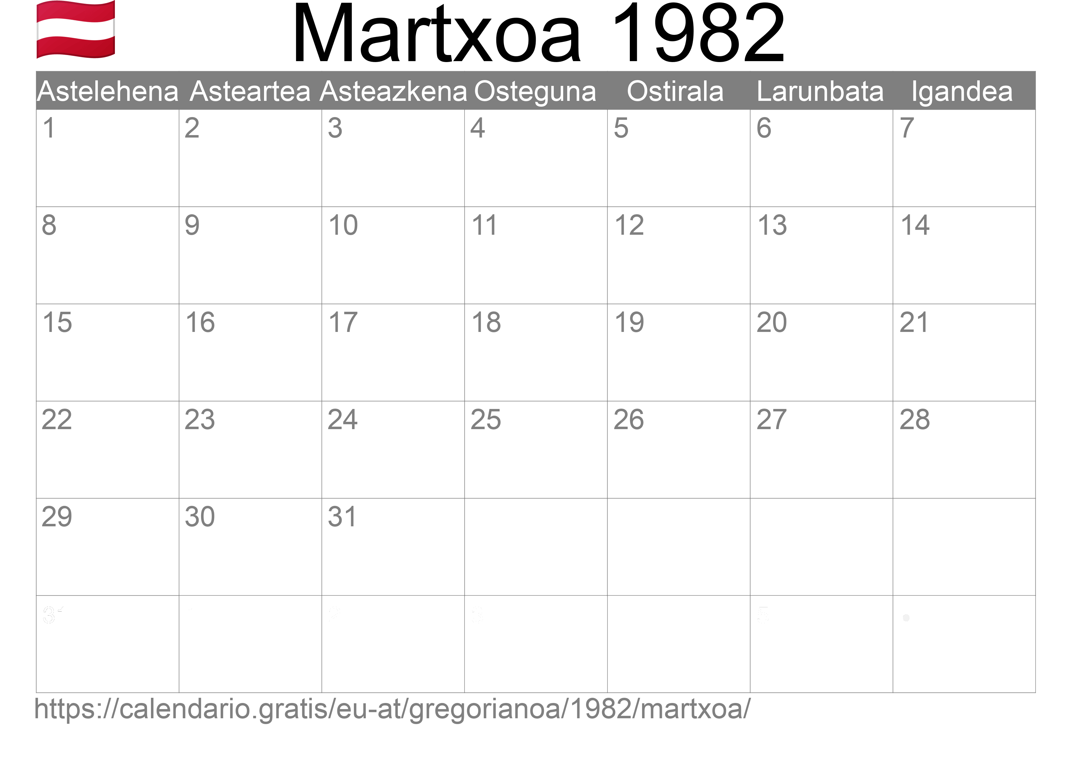 1982ko Martxoa egutegia inprimatzeko