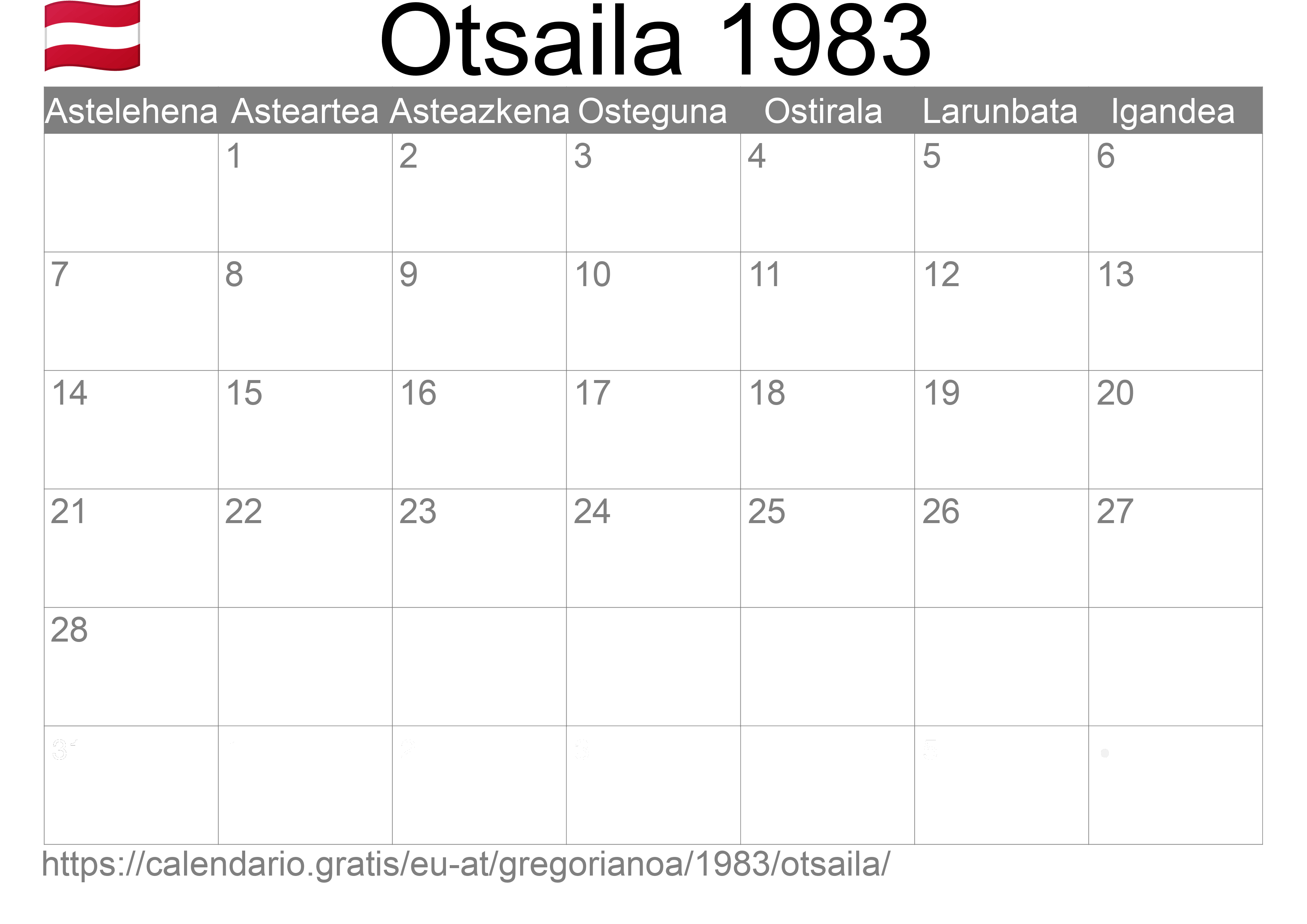 1983ko Otsaila egutegia inprimatzeko