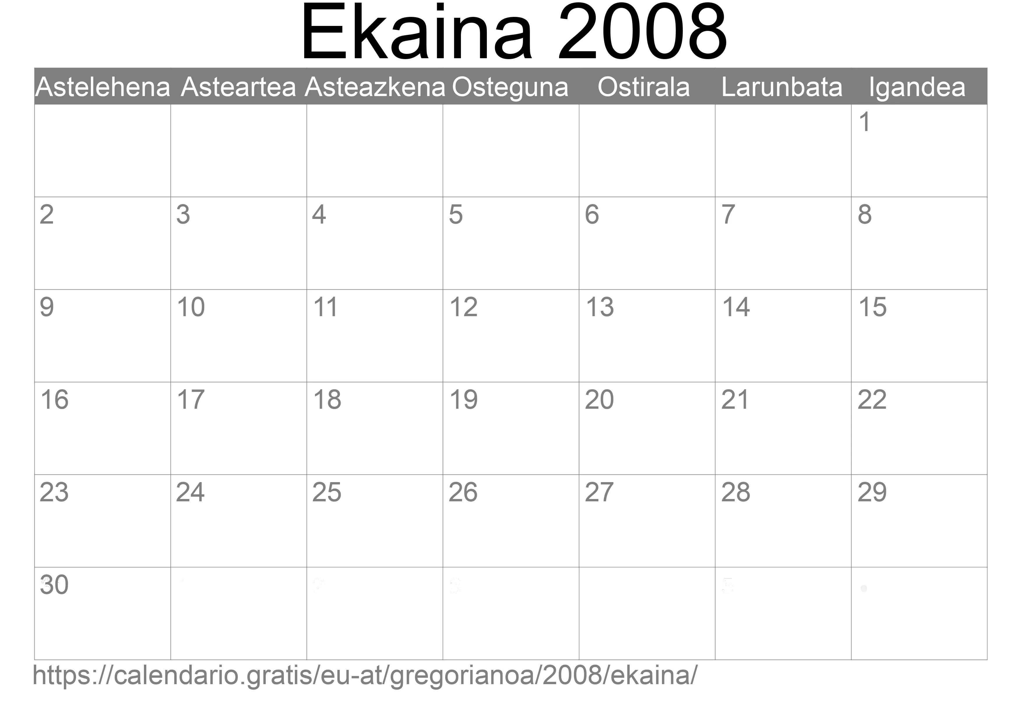 2008ko Ekaina egutegia inprimatzeko (Austria) 2008ko Ekaina egutegia inprimatzeko (Austria)