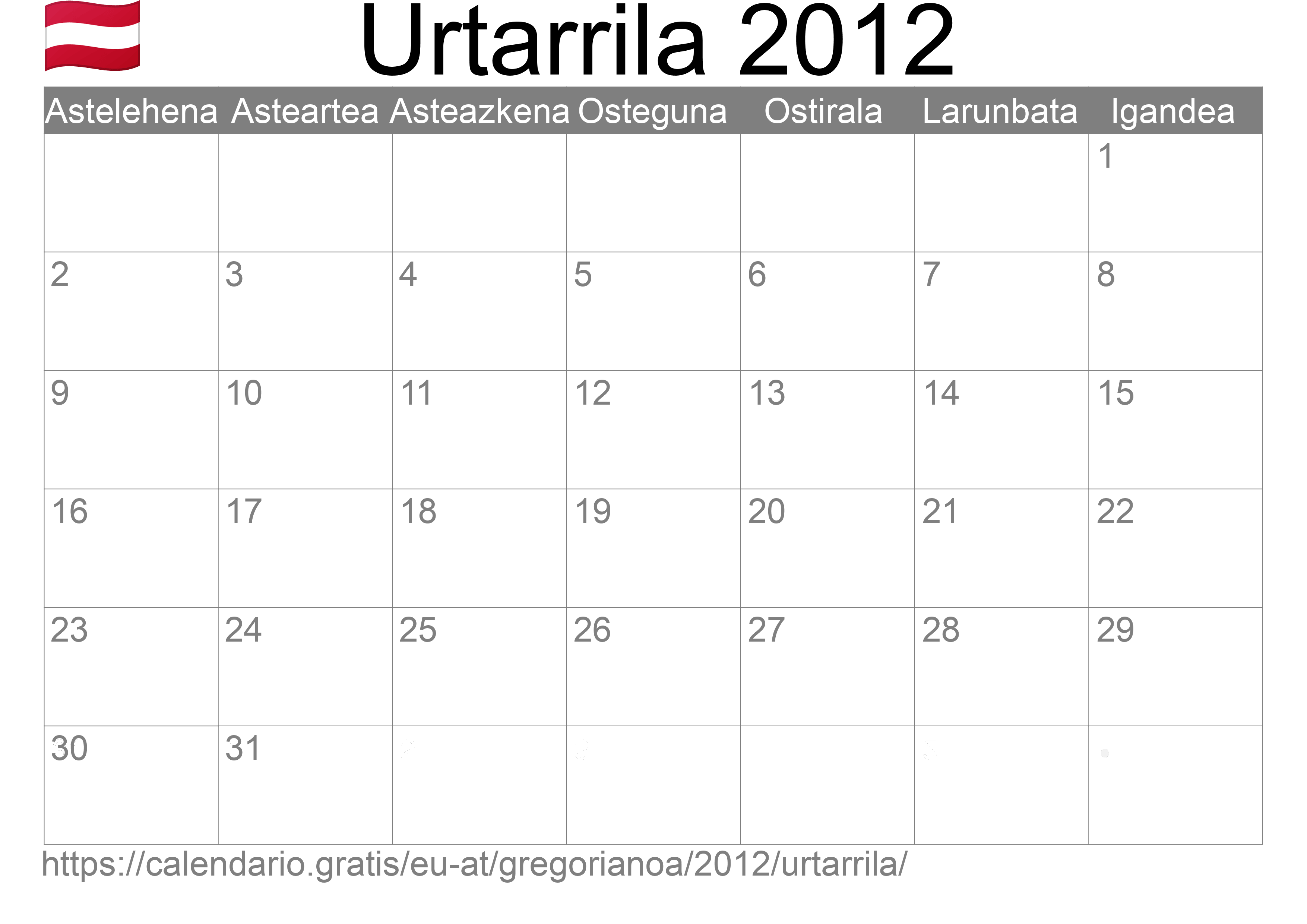 2012ko Urtarrila egutegia inprimatzeko