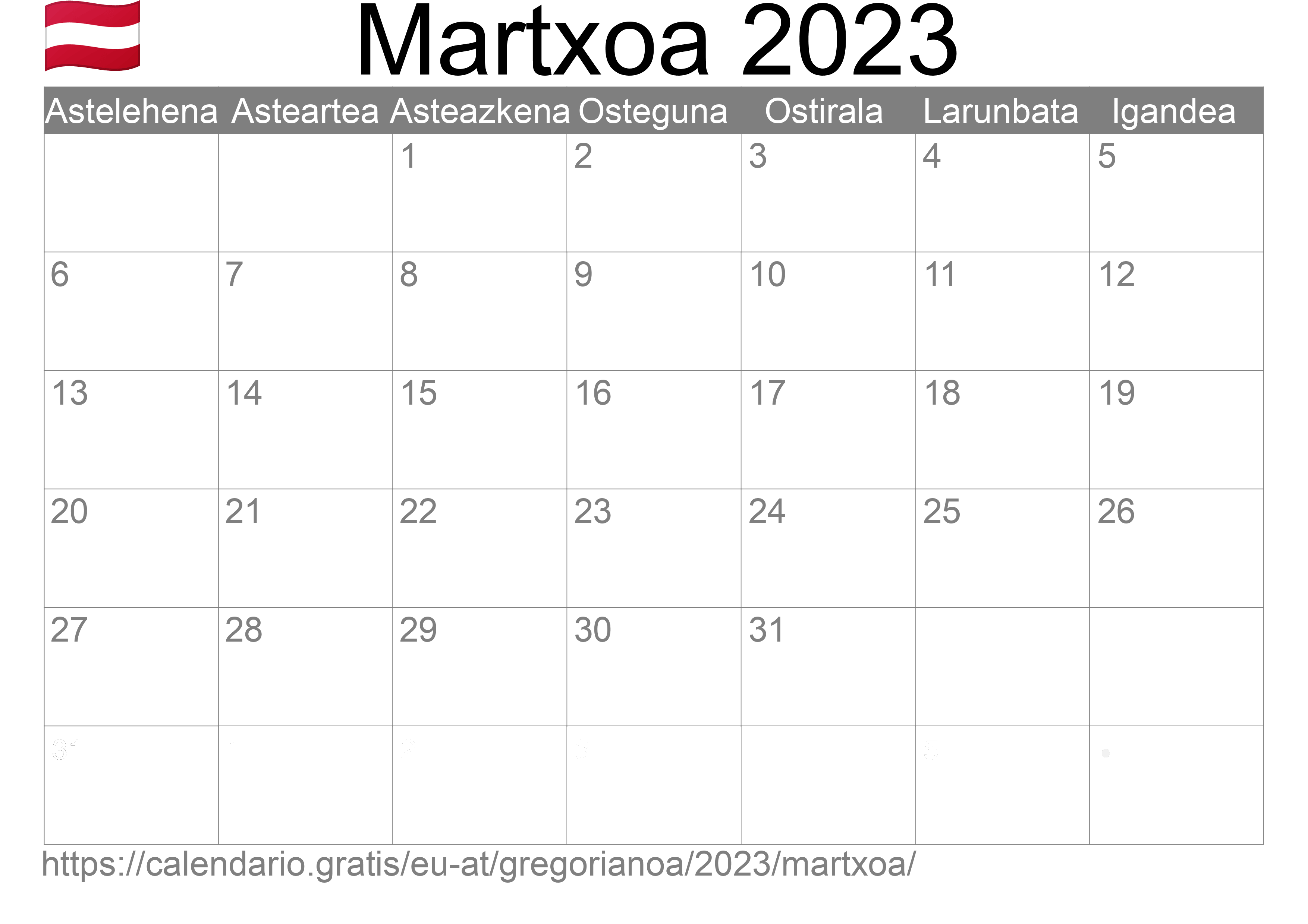 2023ko Martxoa egutegia inprimatzeko