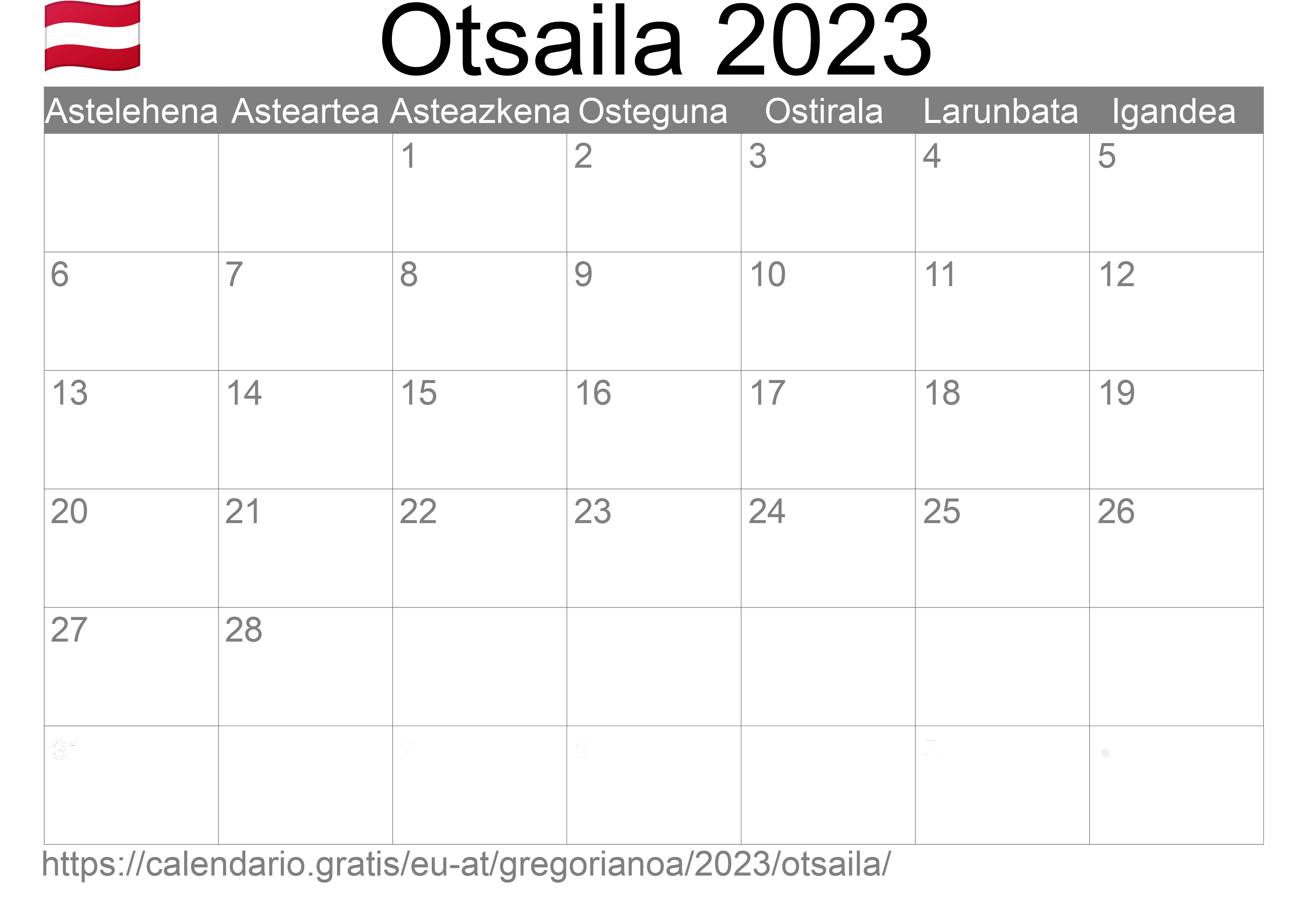 2023ko Otsaila egutegia inprimatzeko