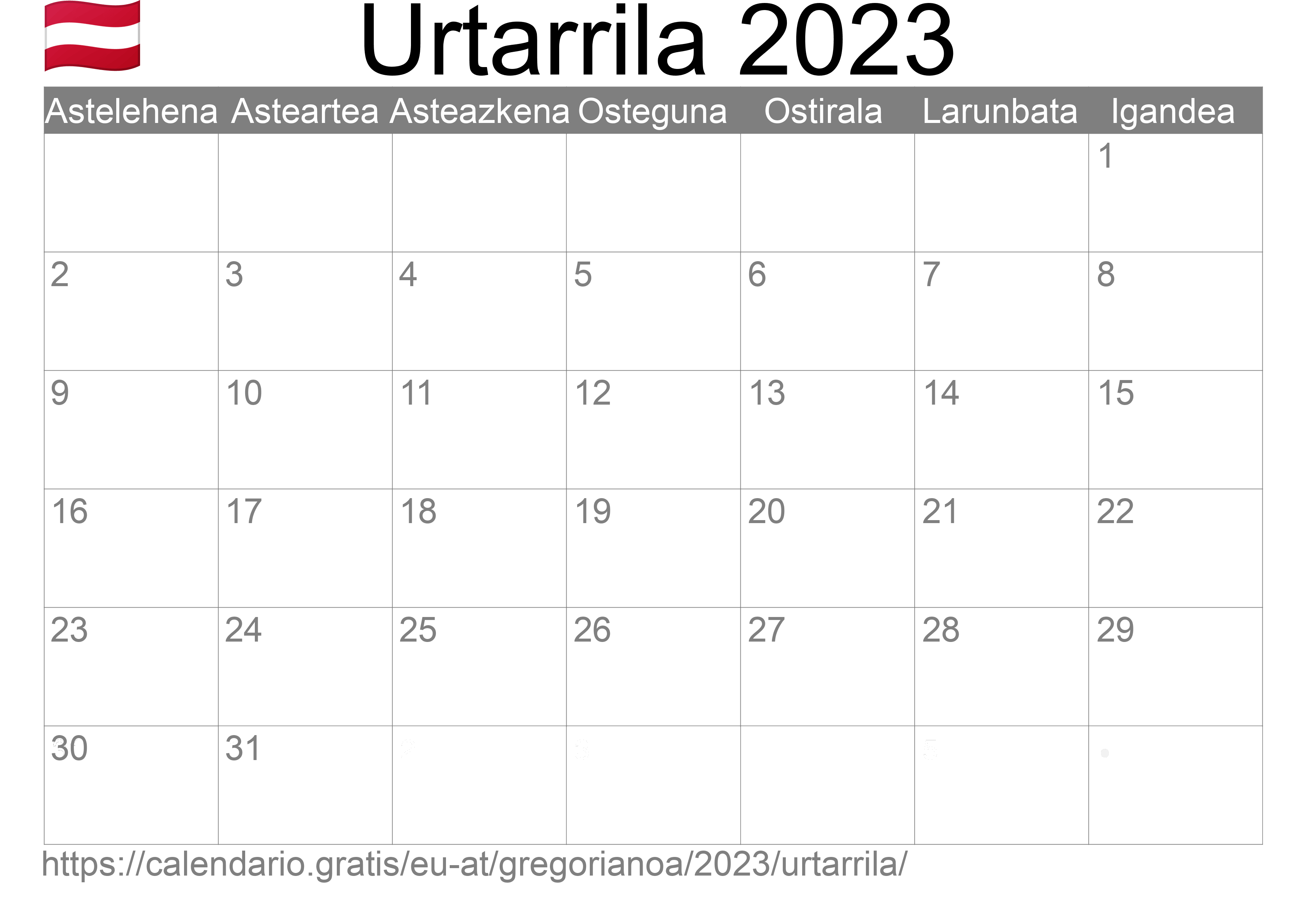 2023ko Urtarrila egutegia inprimatzeko