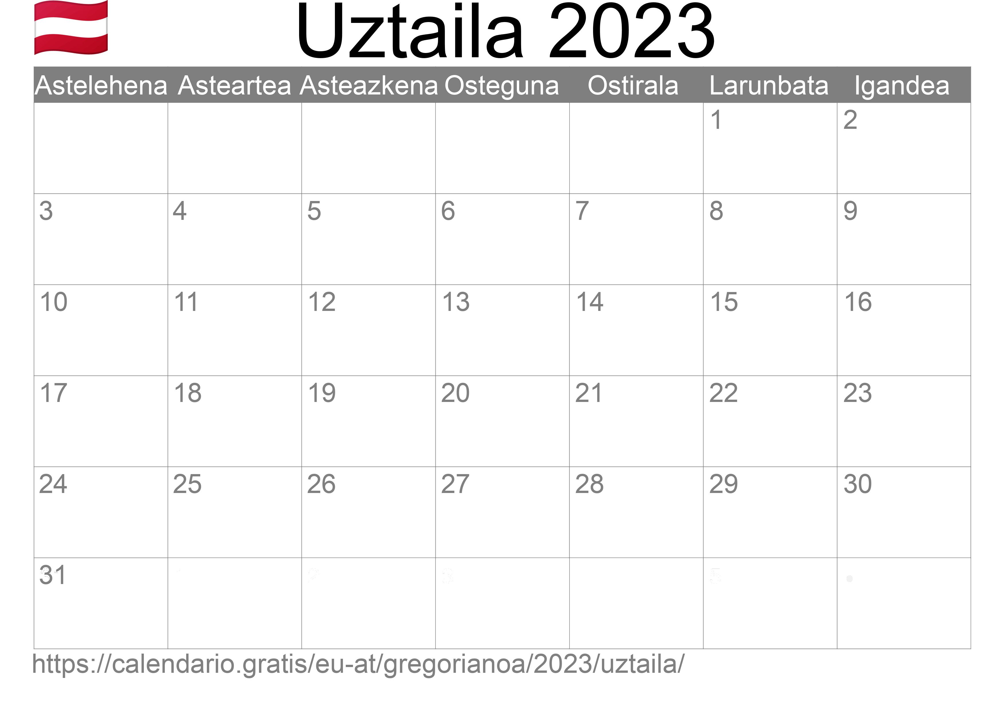 2023ko Uztaila egutegia inprimatzeko