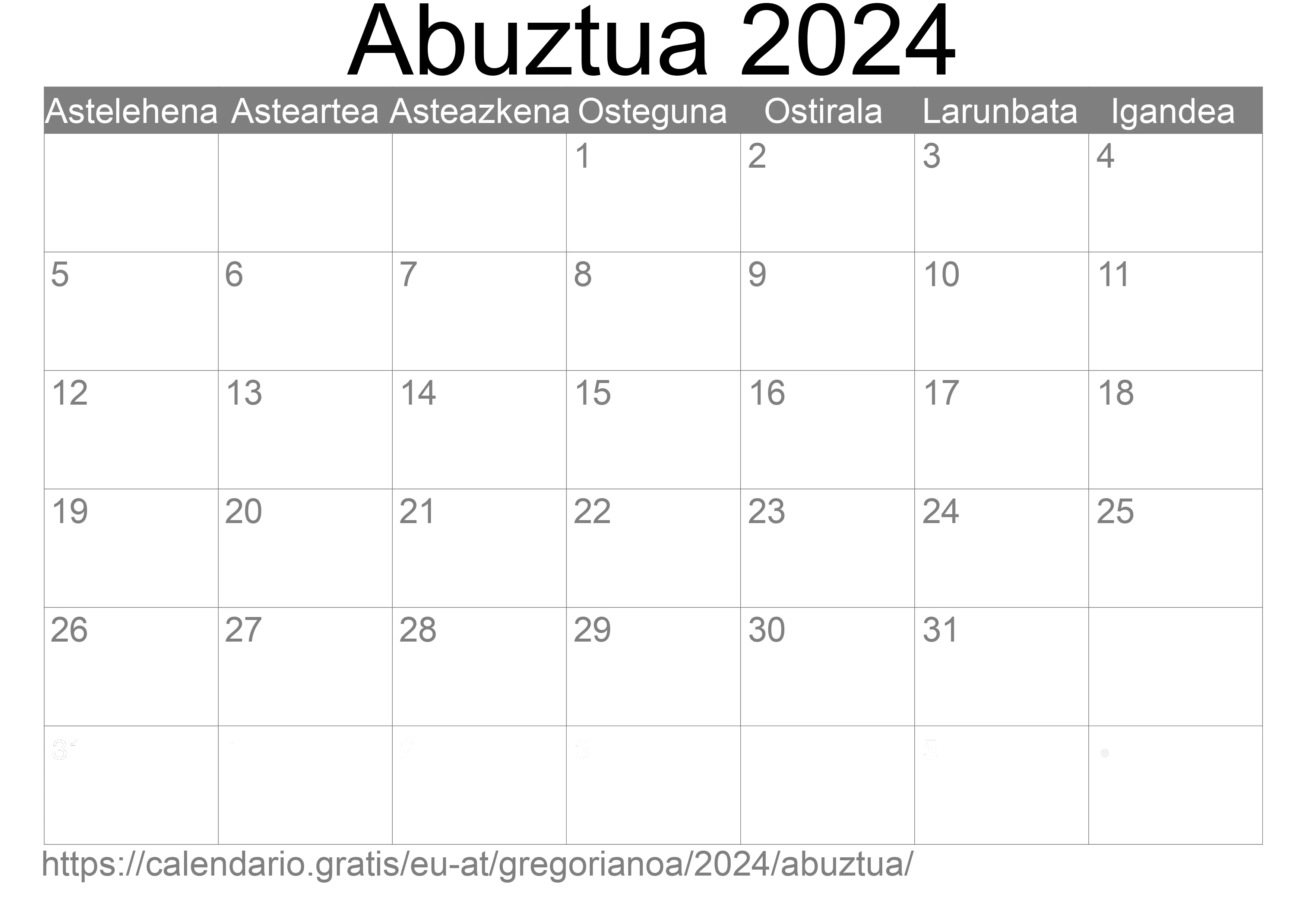 2024ko Abuztua egutegia inprimatzeko (Austria) 2024ko Abuztua egutegia inprimatzeko (Austria)
