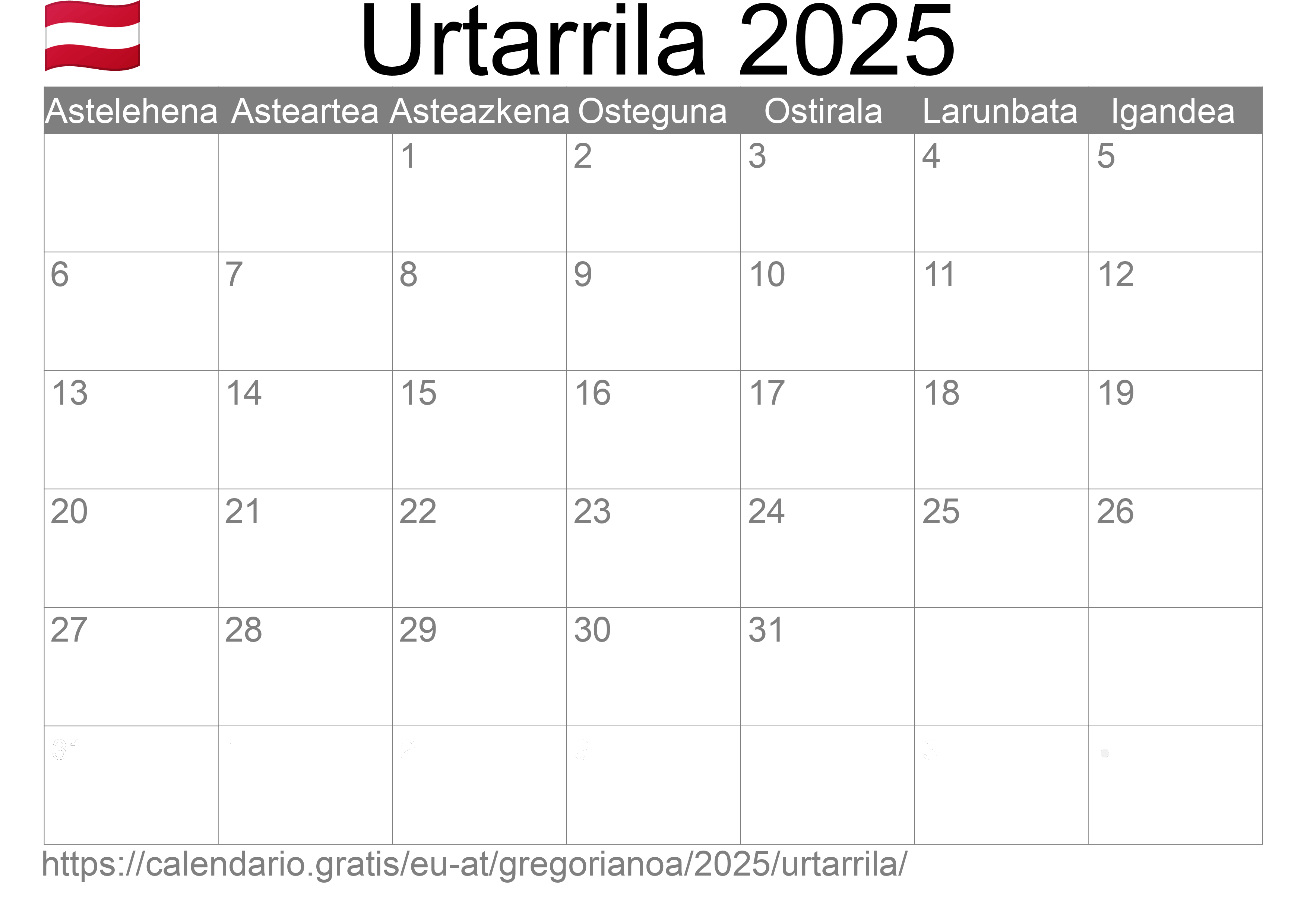 2025ko Urtarrila egutegia inprimatzeko