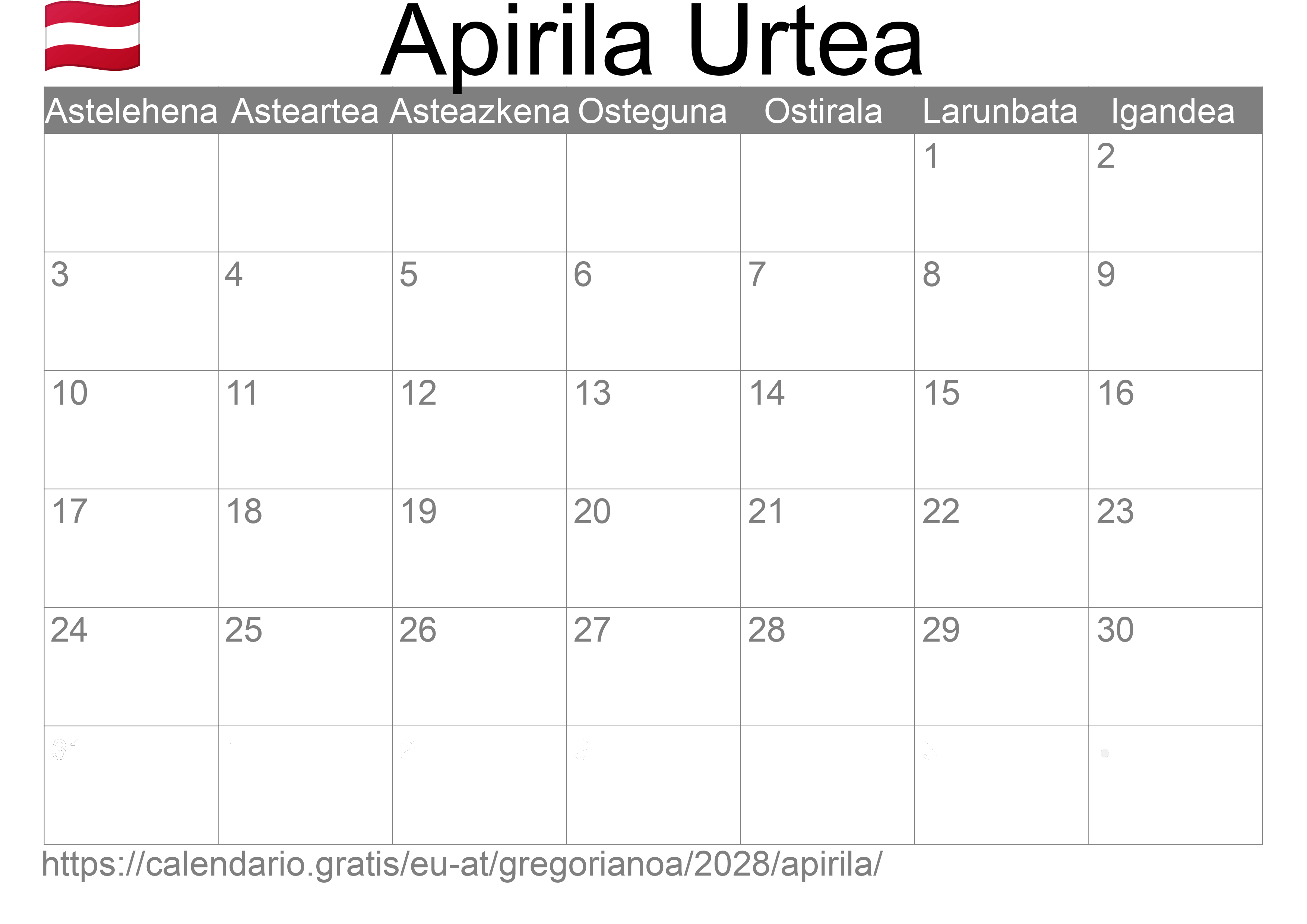 2028ko Apirila egutegia inprimatzeko