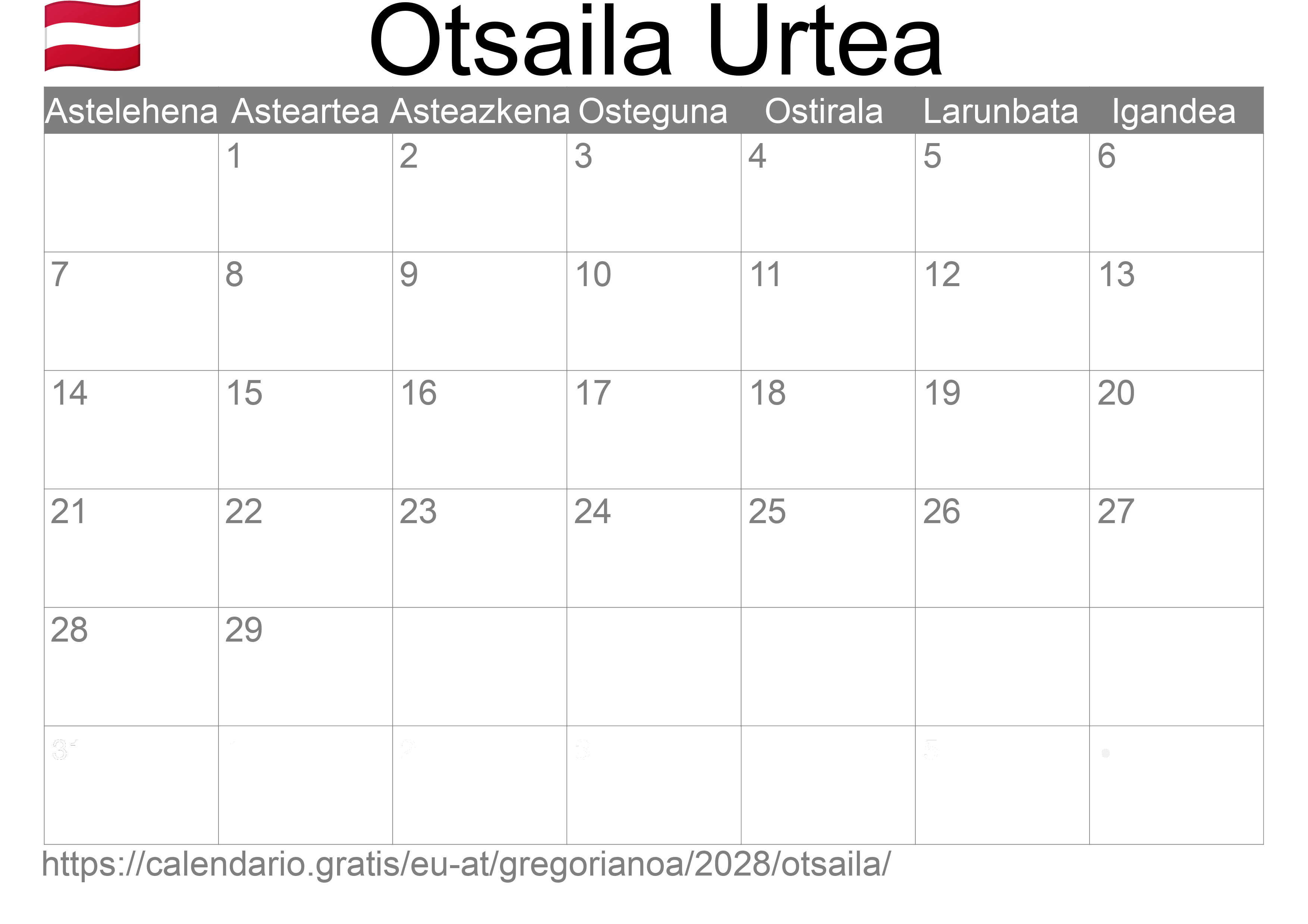 2028ko Otsaila egutegia inprimatzeko