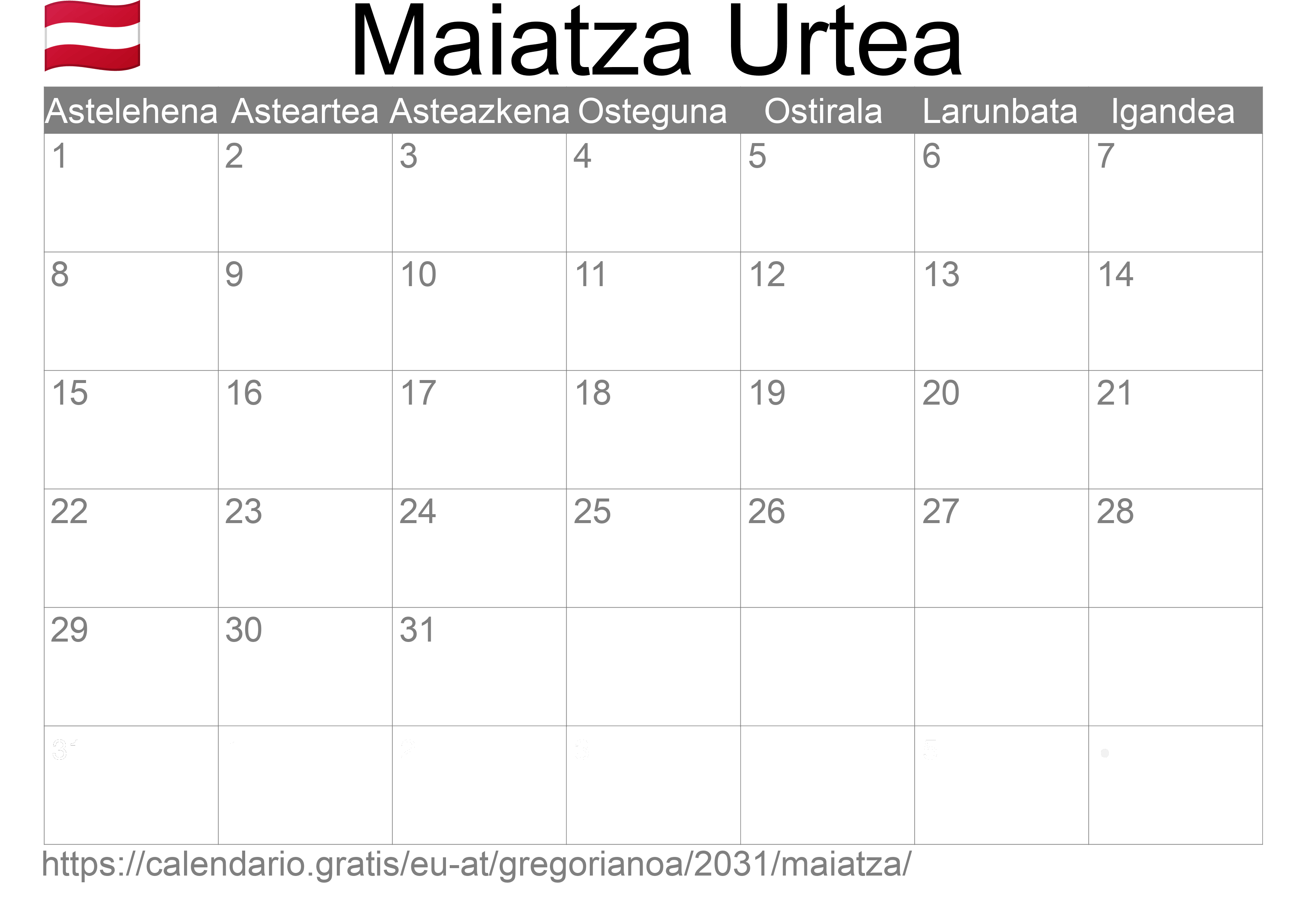 2031ko Maiatza egutegia inprimatzeko