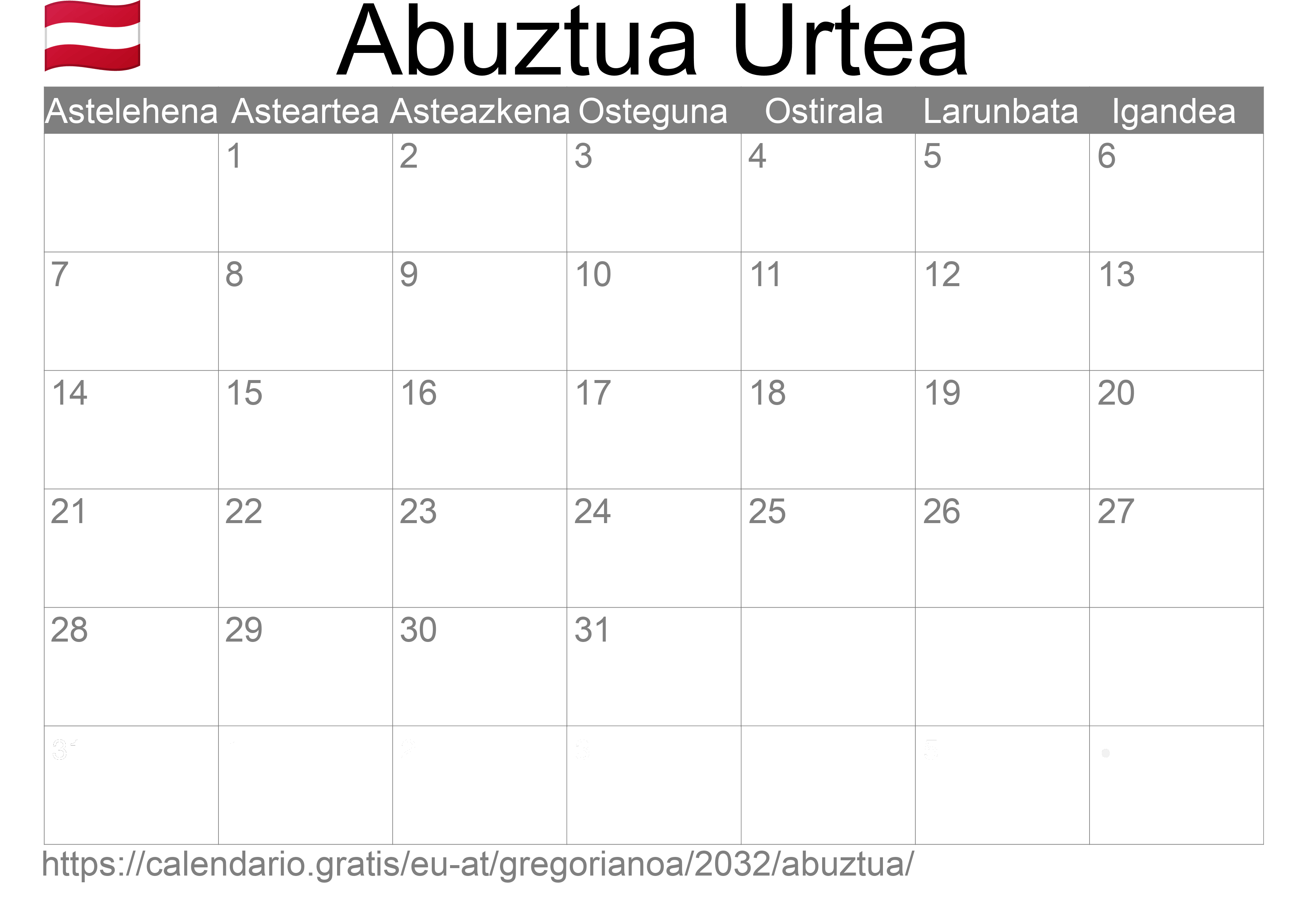 2032ko Abuztua egutegia inprimatzeko