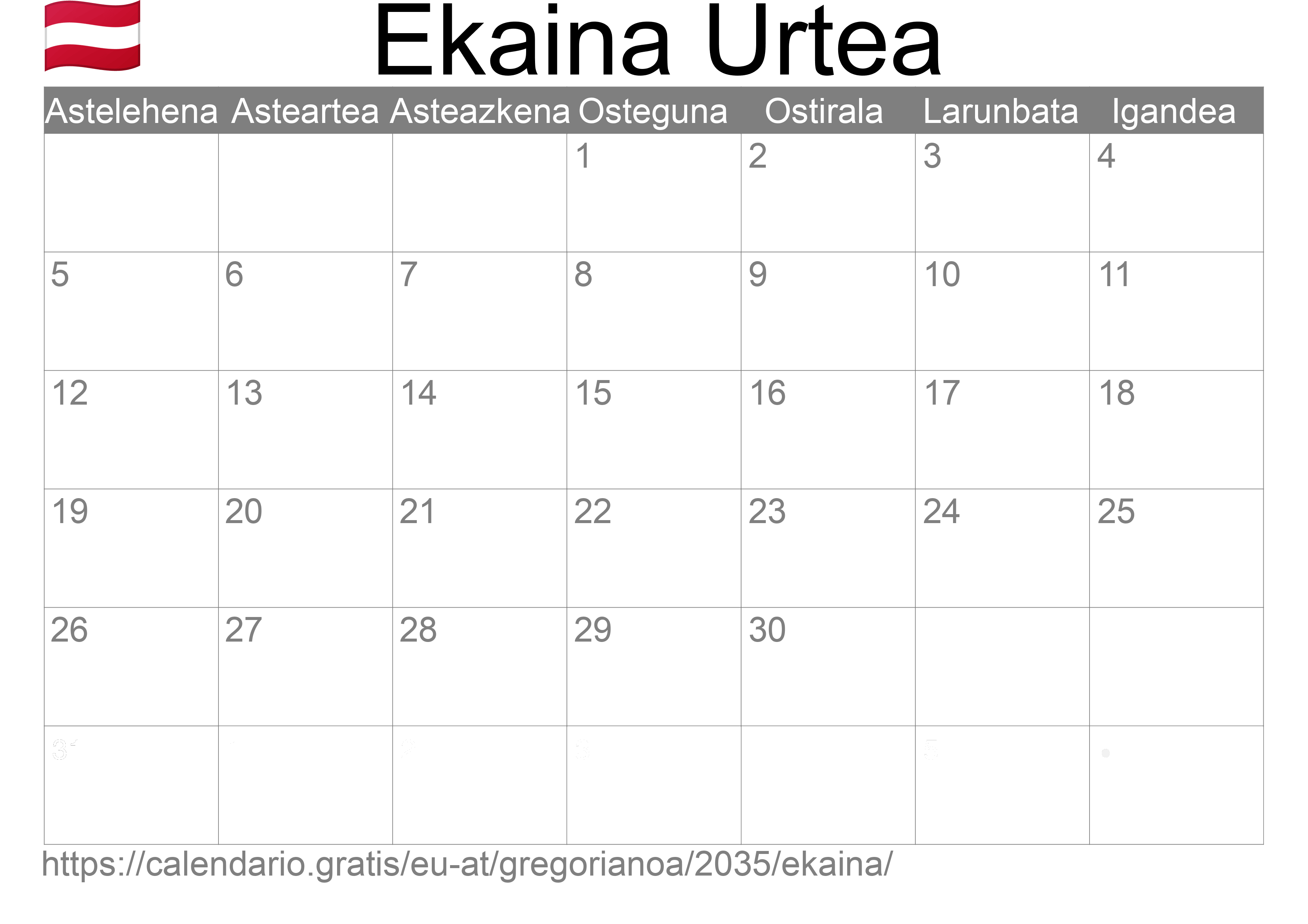 2035ko Ekaina egutegia inprimatzeko