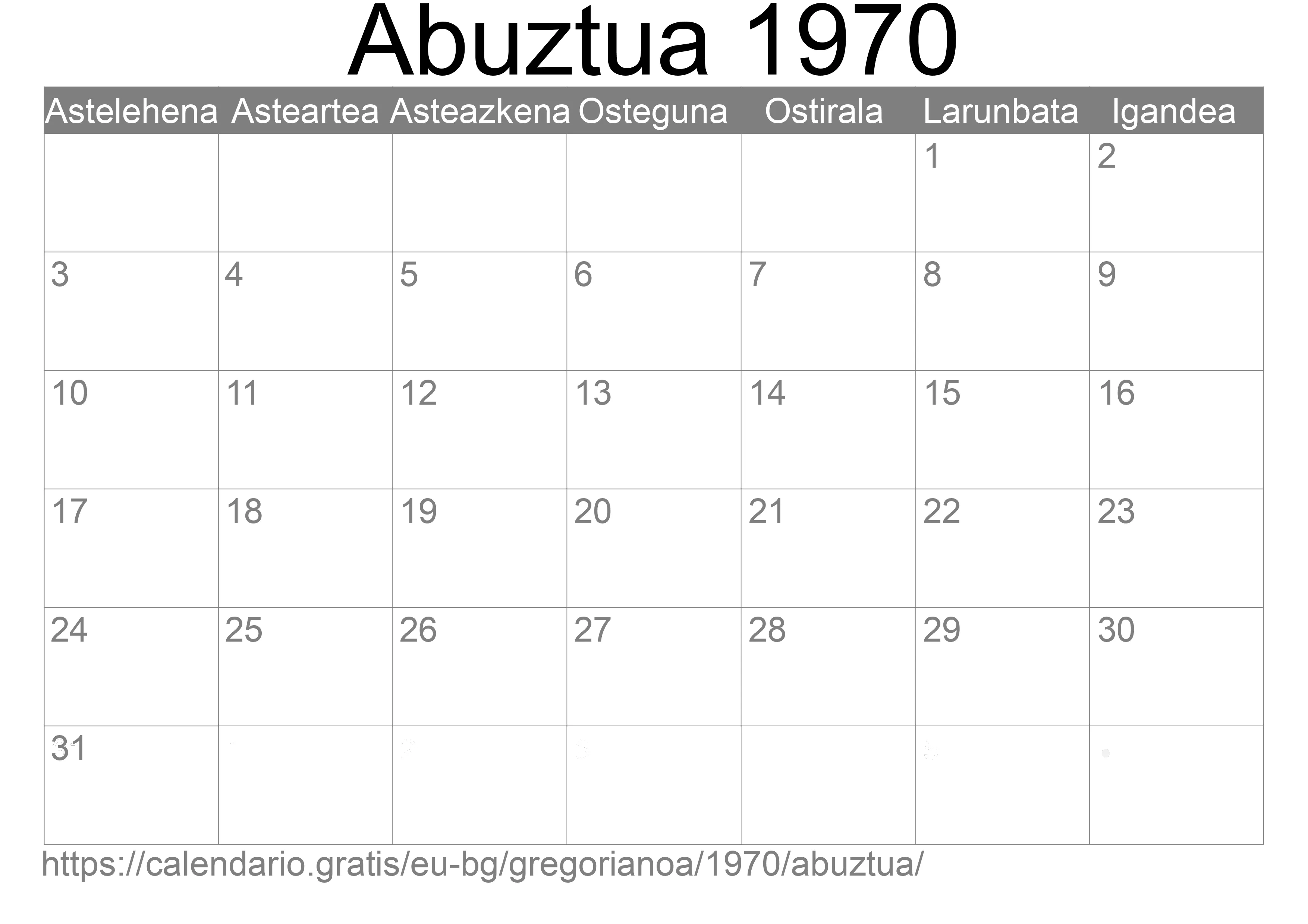 1970ko Abuztua egutegia inprimatzeko (Bulgaria) 1970ko Abuztua egutegia inprimatzeko (Bulgaria)