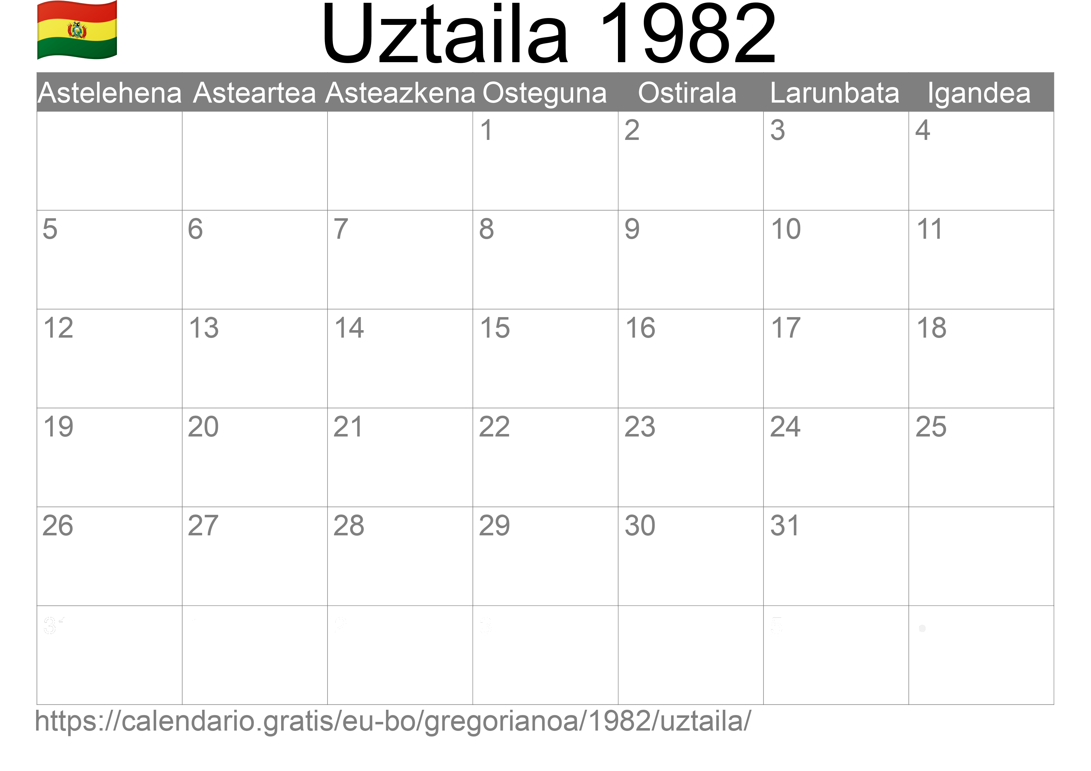 1982ko Uztaila egutegia inprimatzeko