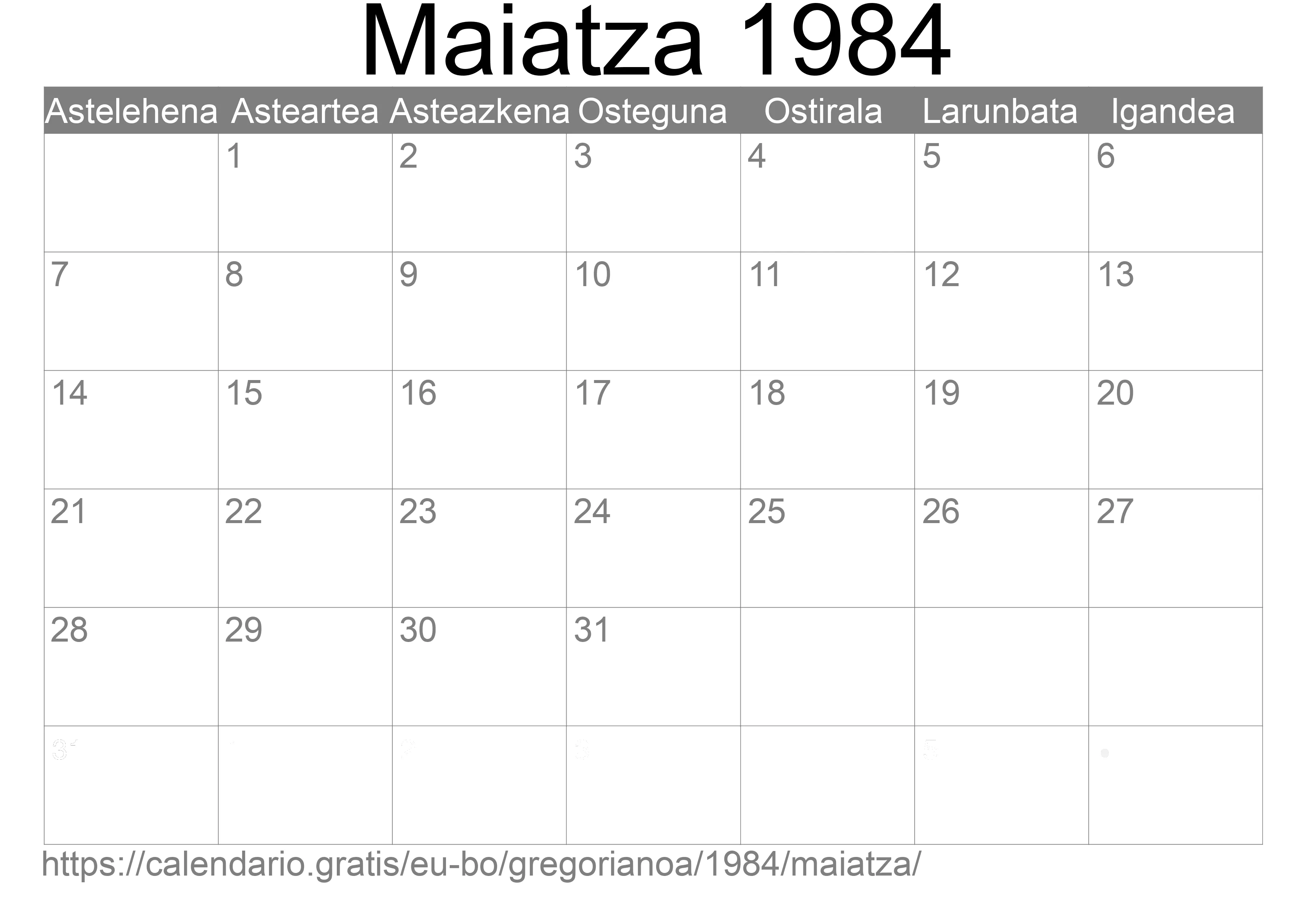 1984ko Maiatza egutegia inprimatzeko (Bolivia)