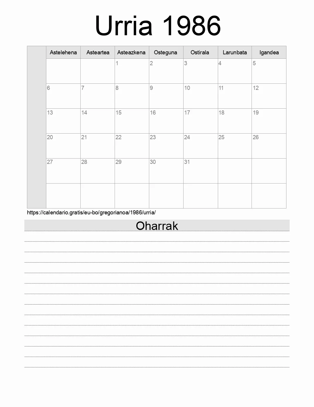 Inprimatzeko Urria 1986 egutegia, oharrekin. (Bolivia) Inprimatzeko Urria 1986 egutegia, oharrekin. (Bolivia)