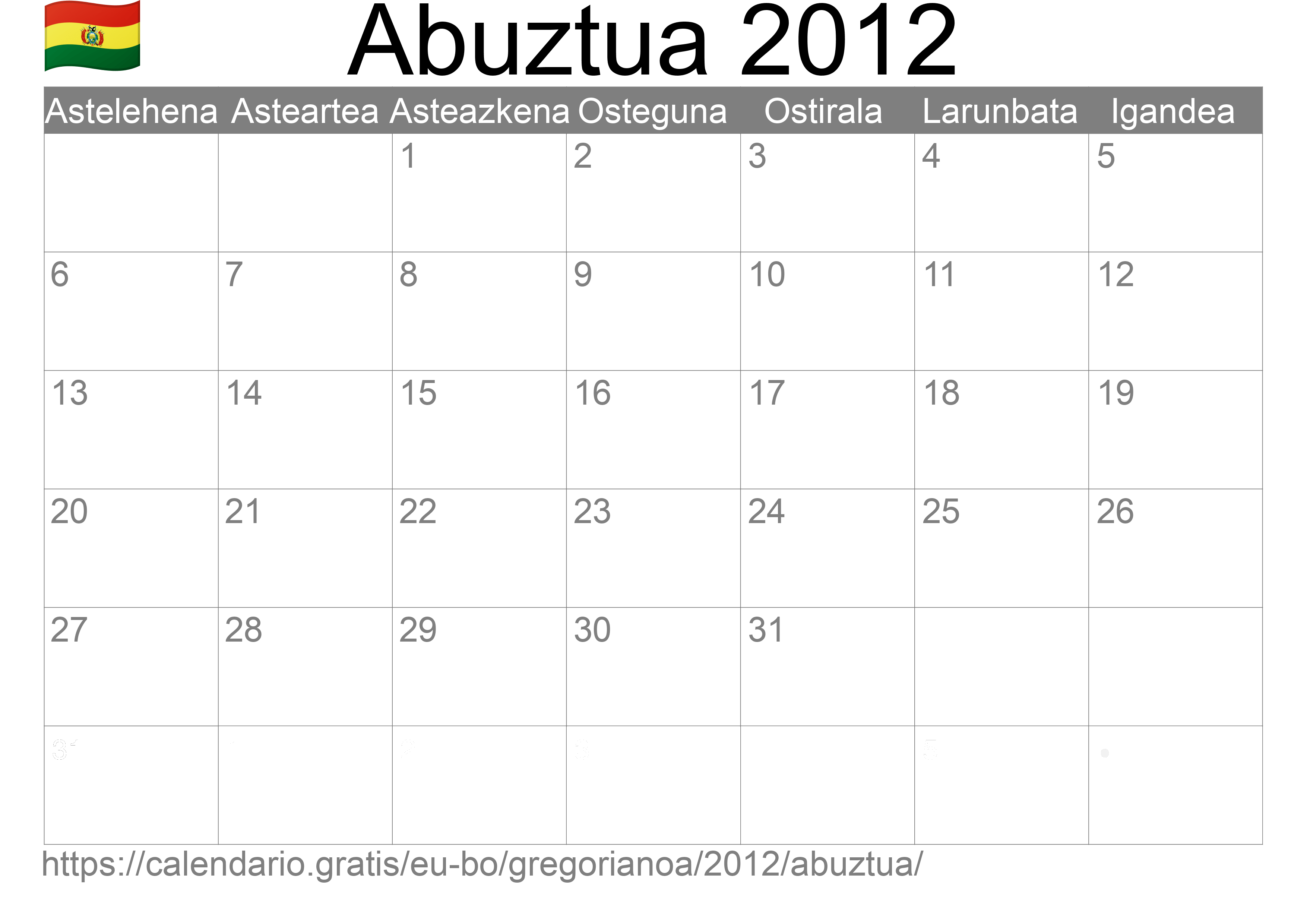 2012ko Abuztua egutegia inprimatzeko