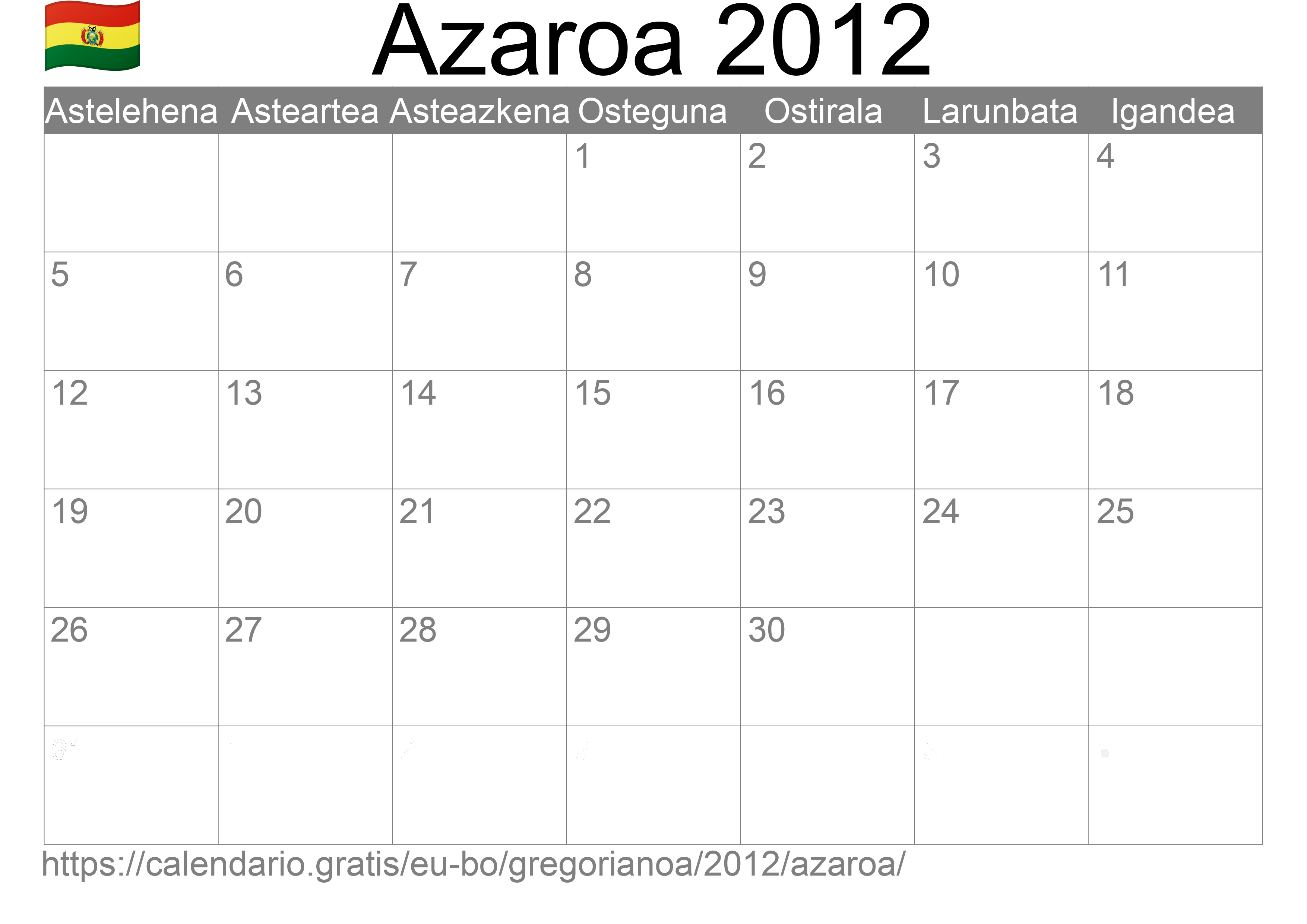 2012ko Azaroa egutegia inprimatzeko