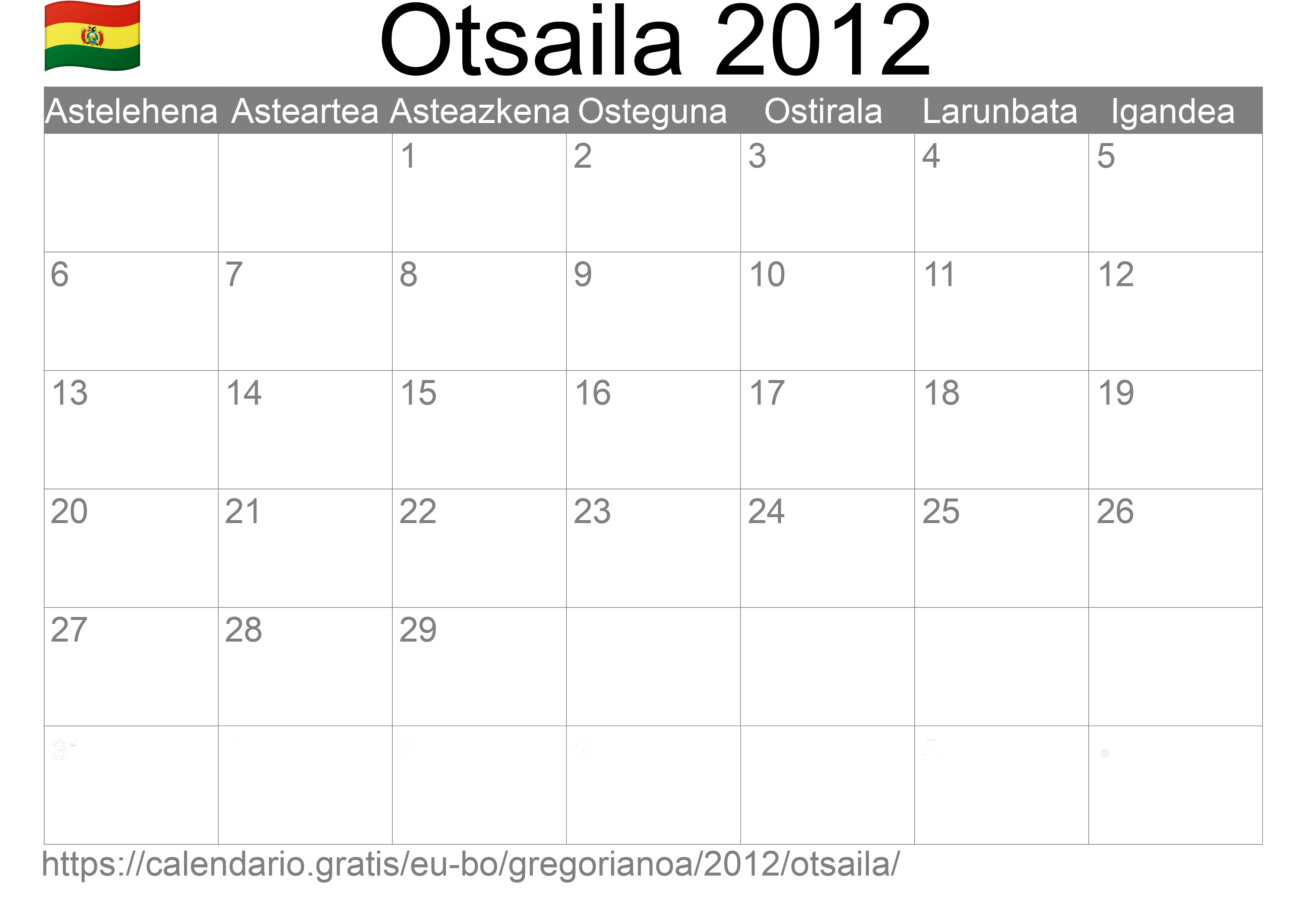 2012ko Otsaila egutegia inprimatzeko