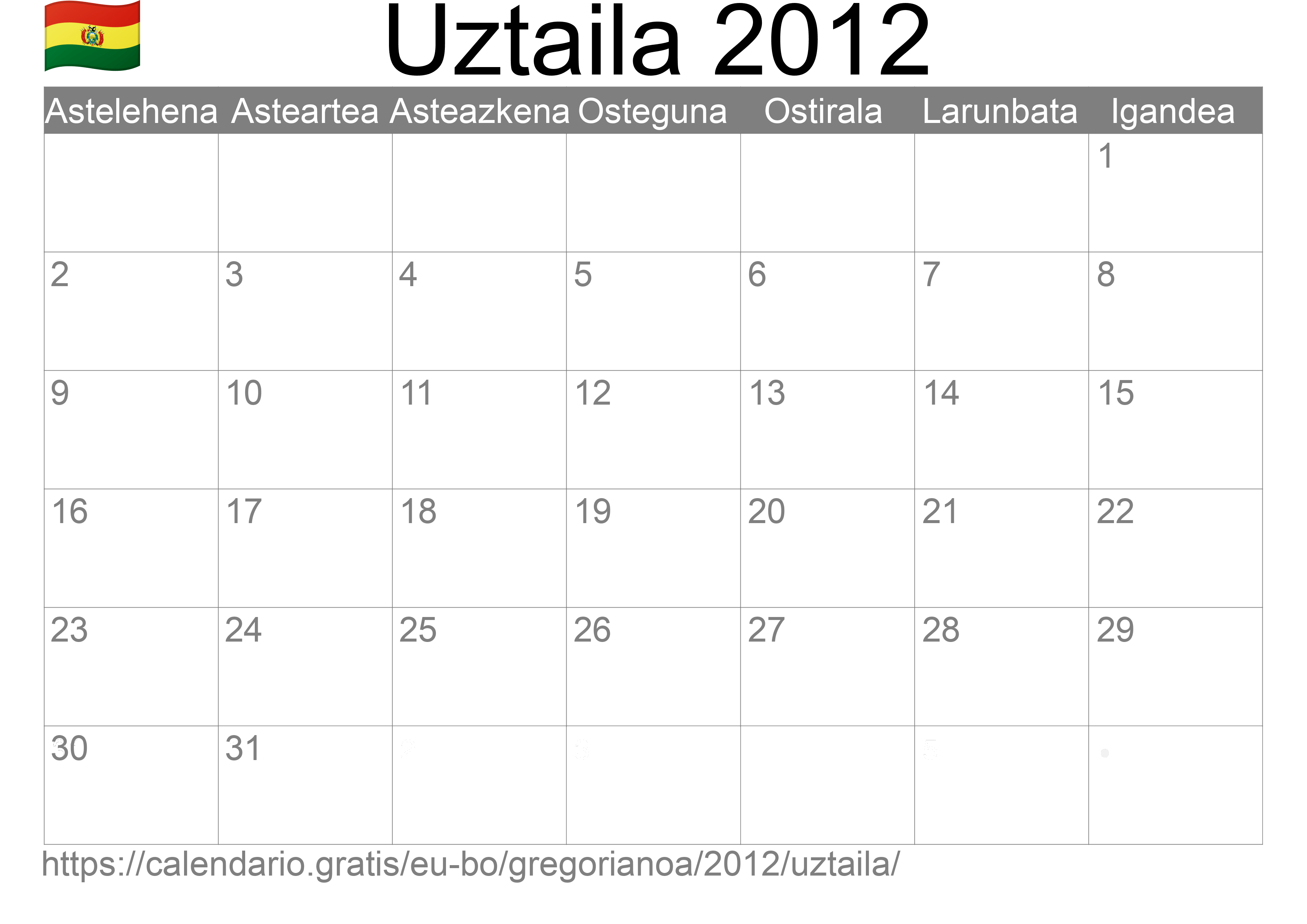 2012ko Uztaila egutegia inprimatzeko