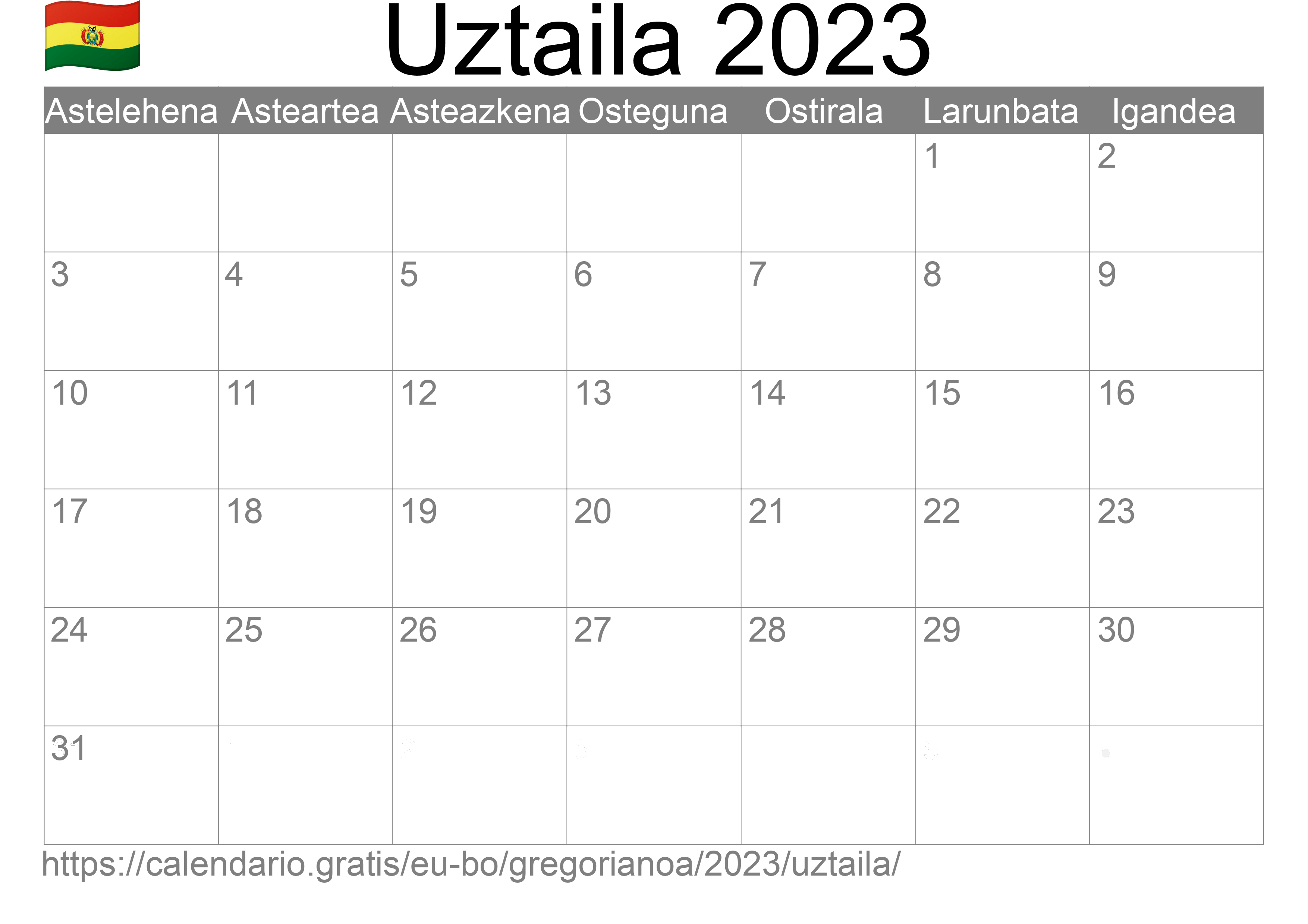 2023ko Uztaila egutegia inprimatzeko