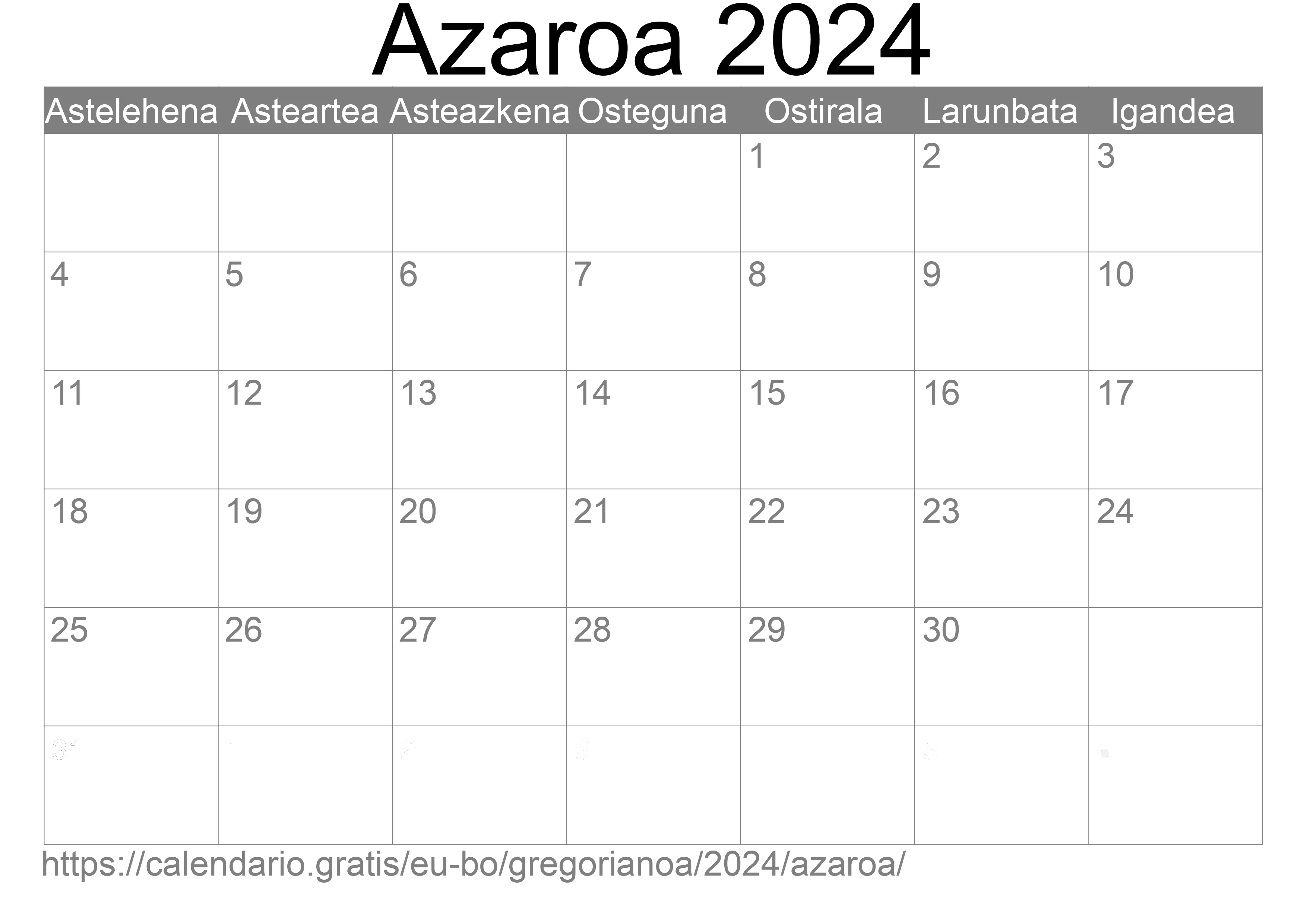 2024ko Azaroa egutegia inprimatzeko (Bolivia) 2024ko Azaroa egutegia inprimatzeko (Bolivia)