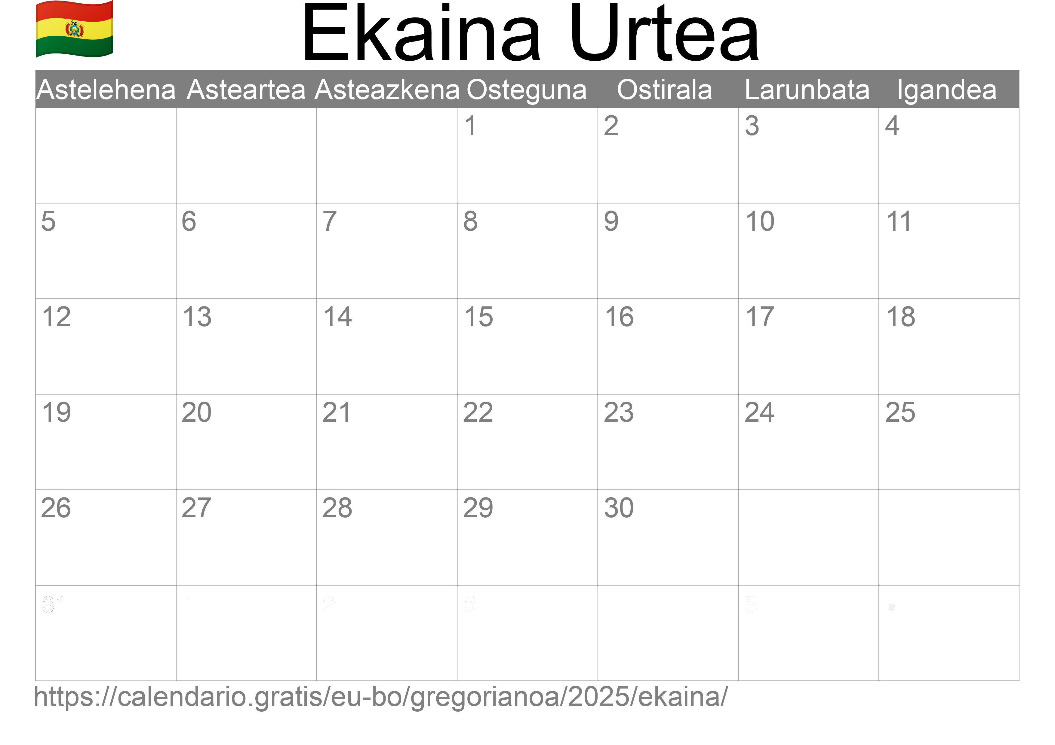 2025ko Ekaina egutegia inprimatzeko