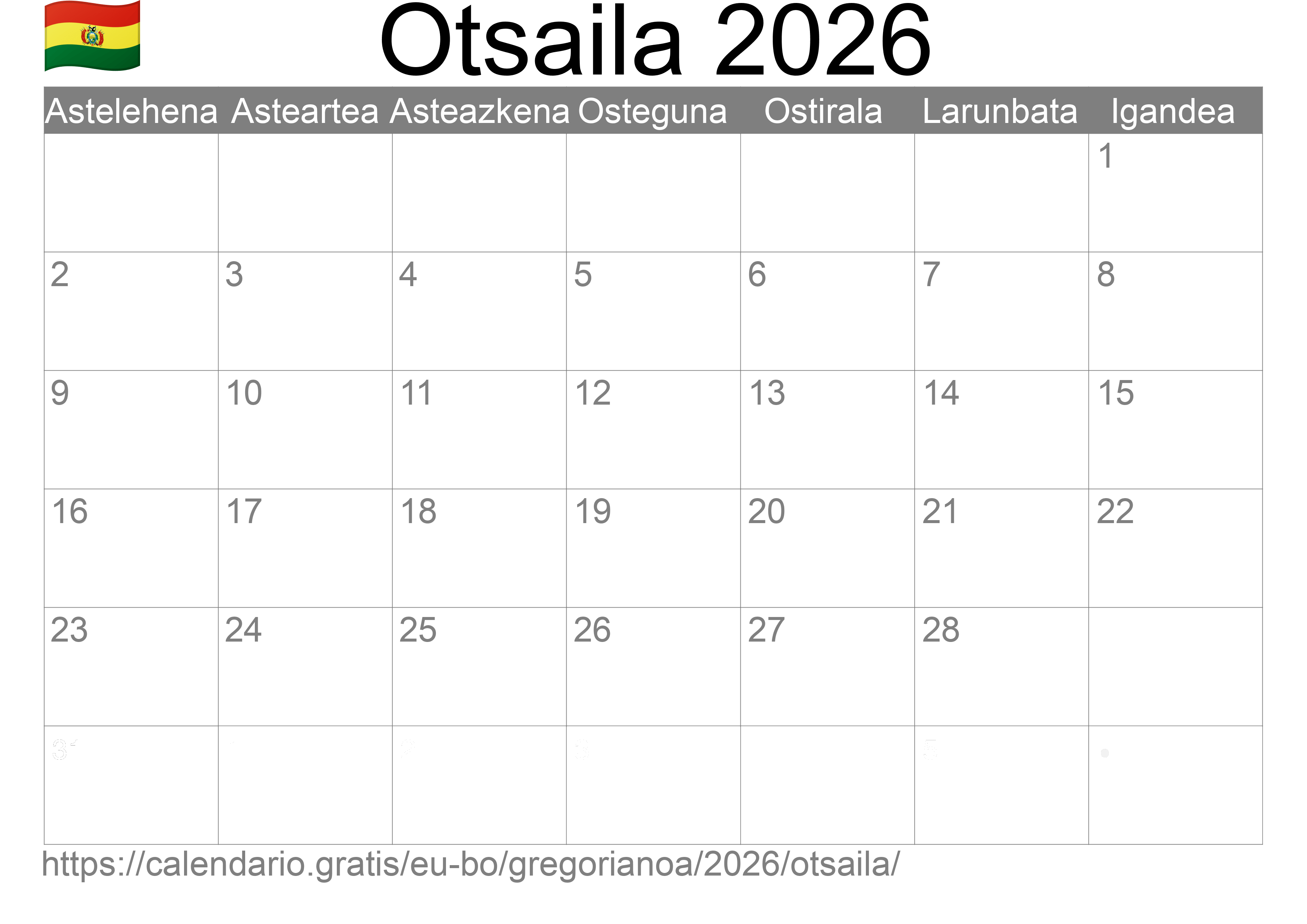 2026ko Otsaila egutegia inprimatzeko