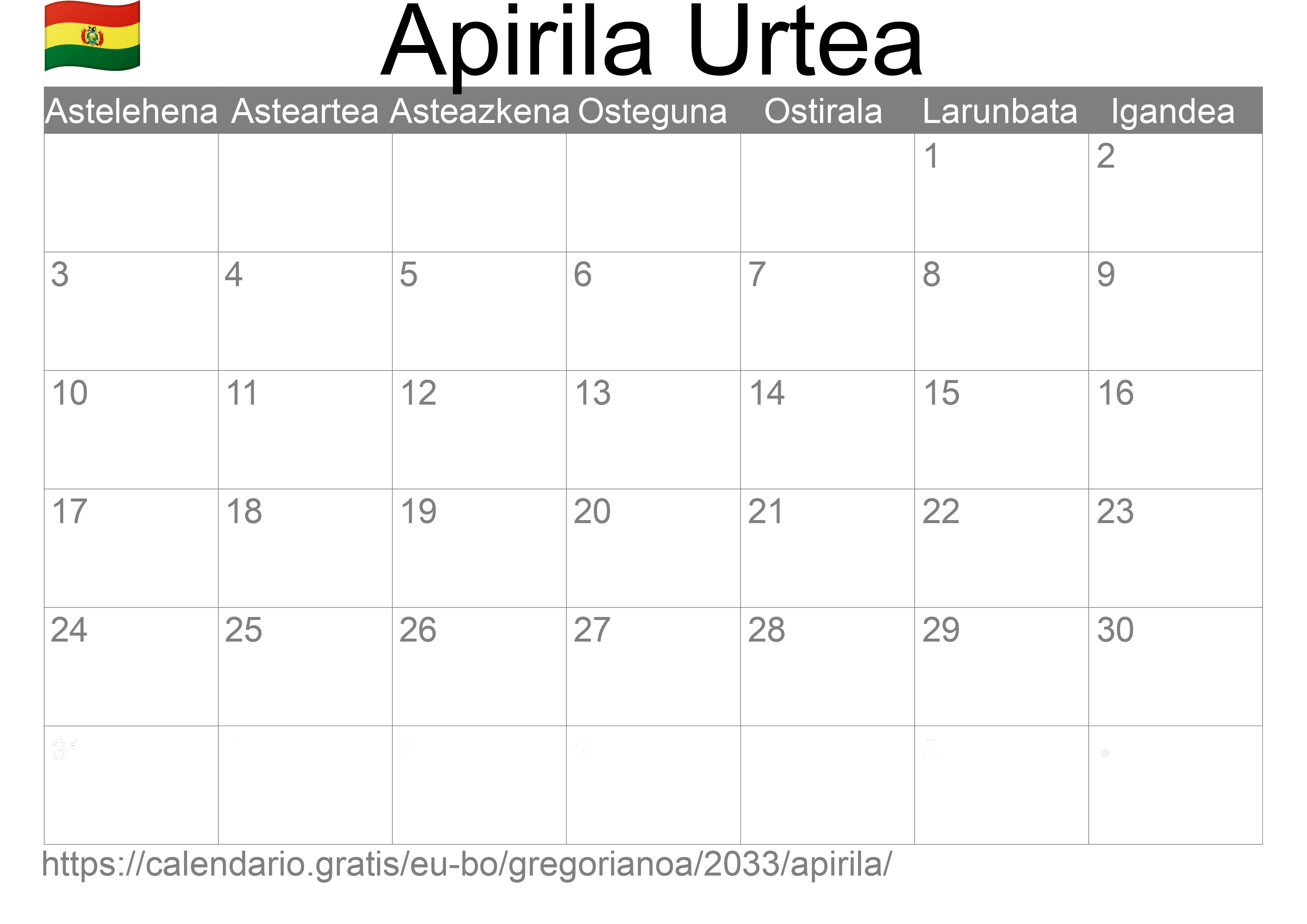 2033ko Apirila egutegia inprimatzeko