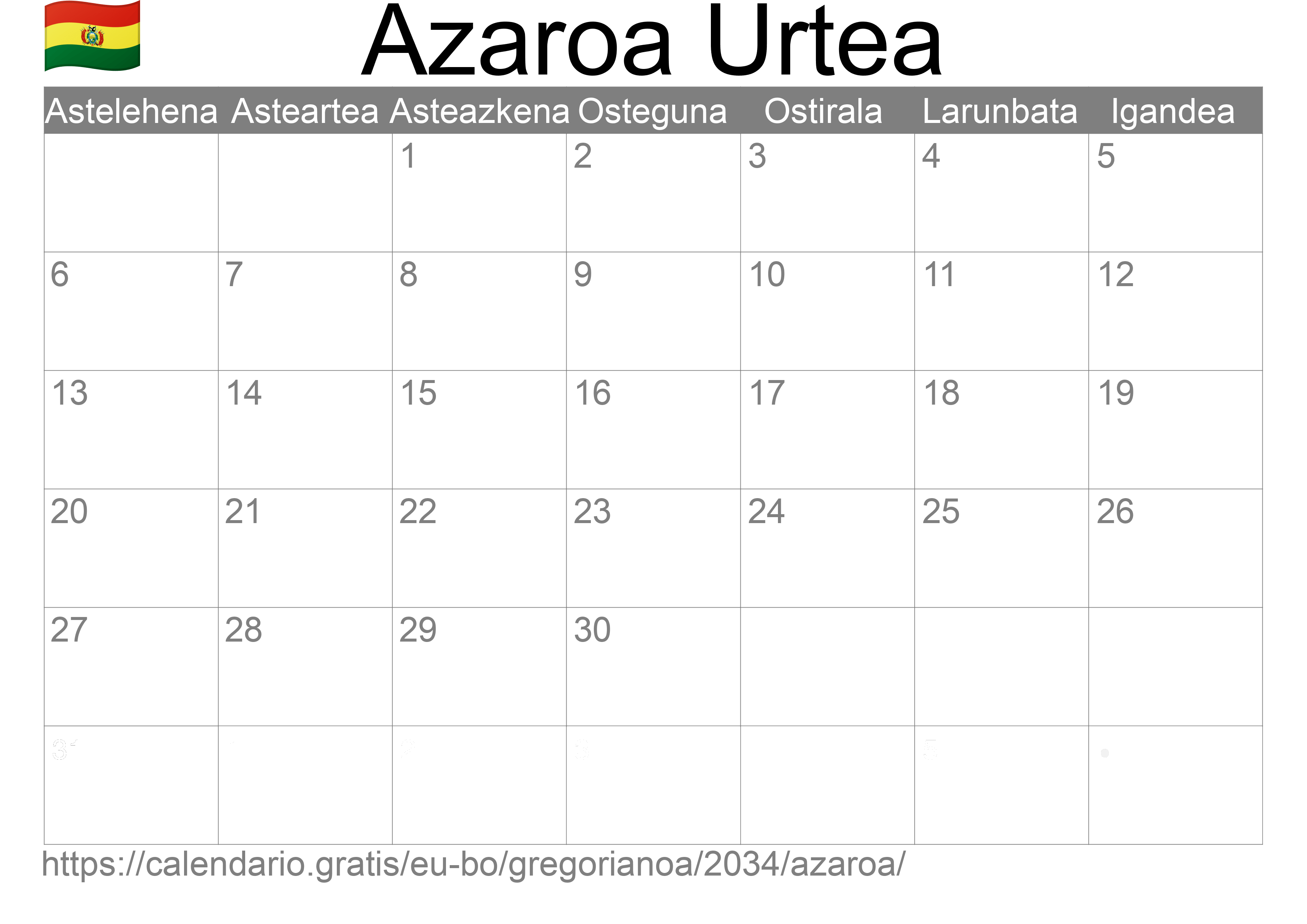 2034ko Azaroa egutegia inprimatzeko