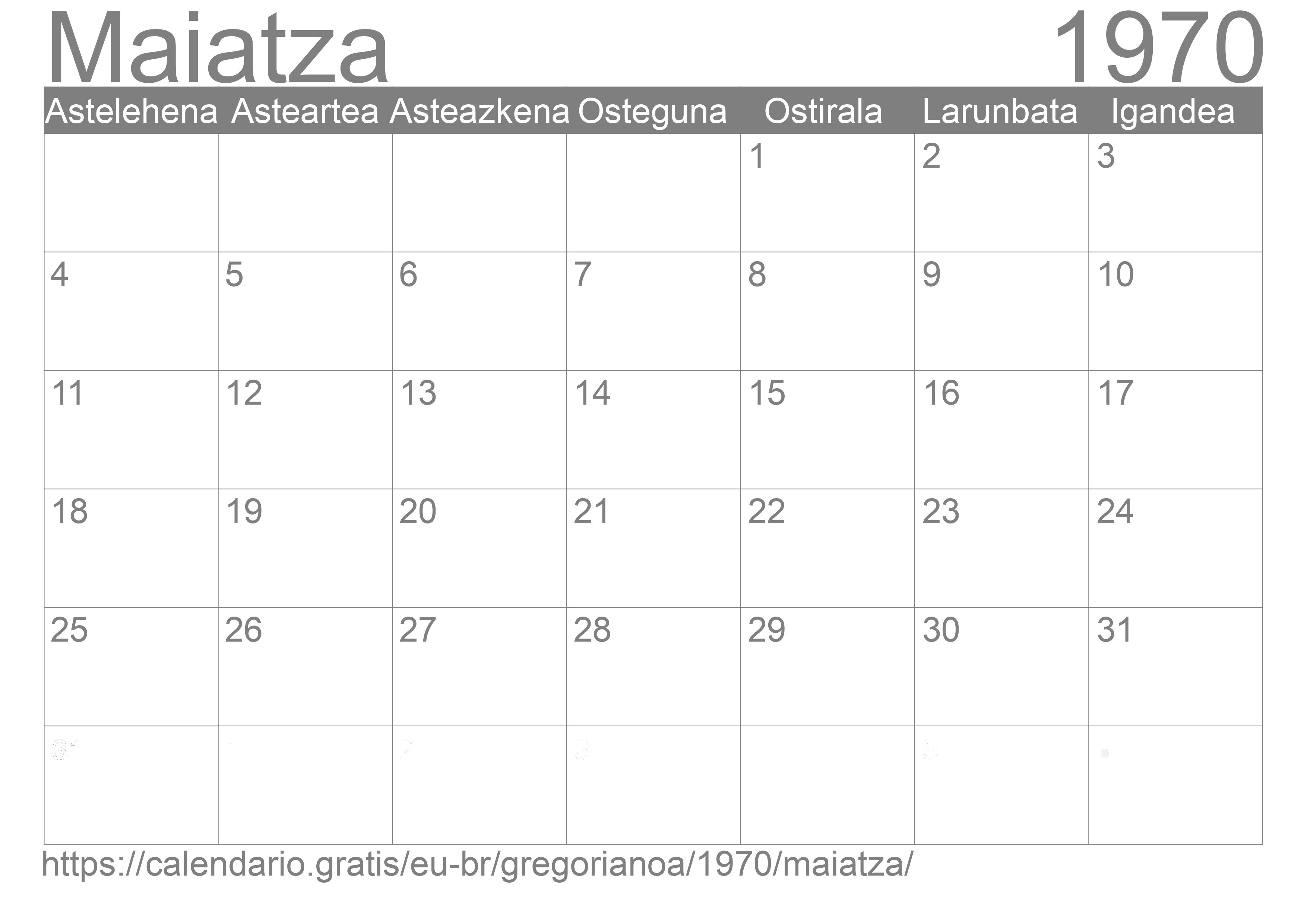 1970ko Maiatza egutegia inprimatzeko