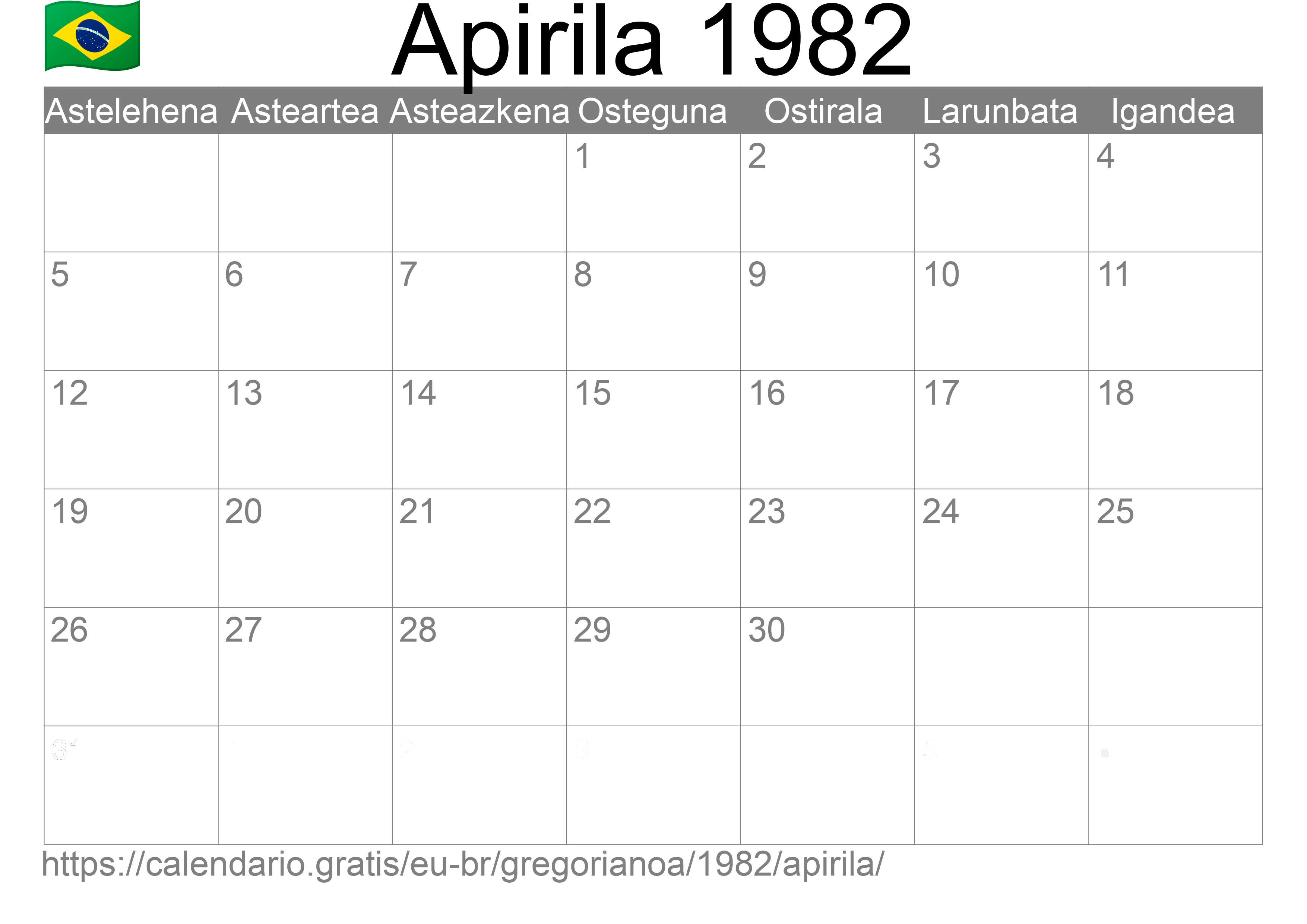 1982ko Apirila egutegia inprimatzeko