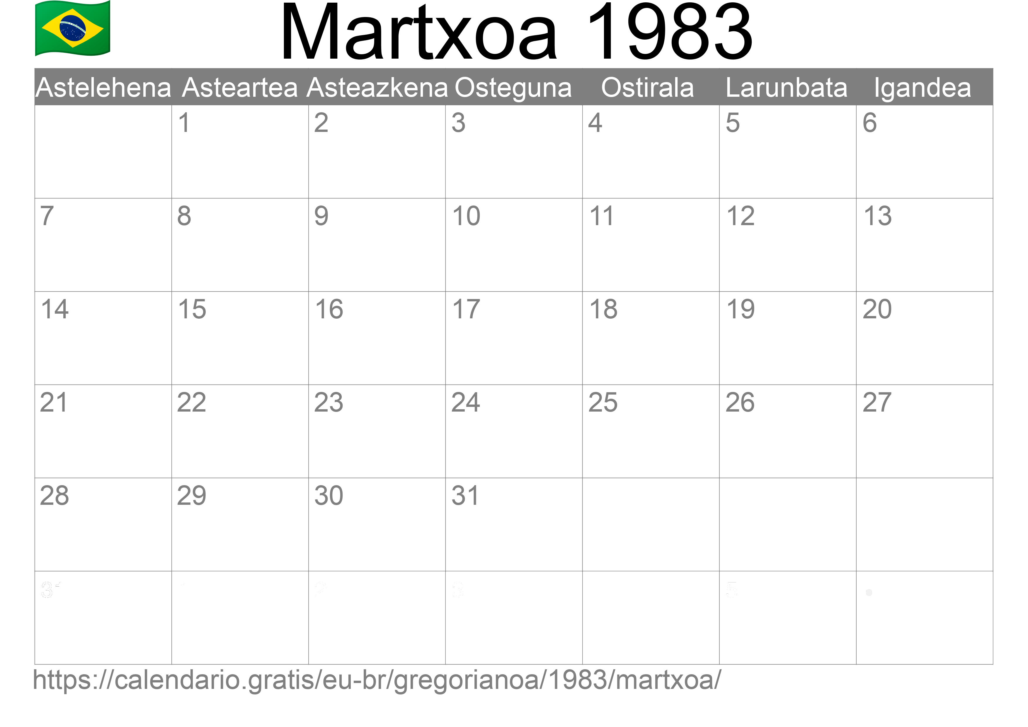 1983ko Martxoa egutegia inprimatzeko