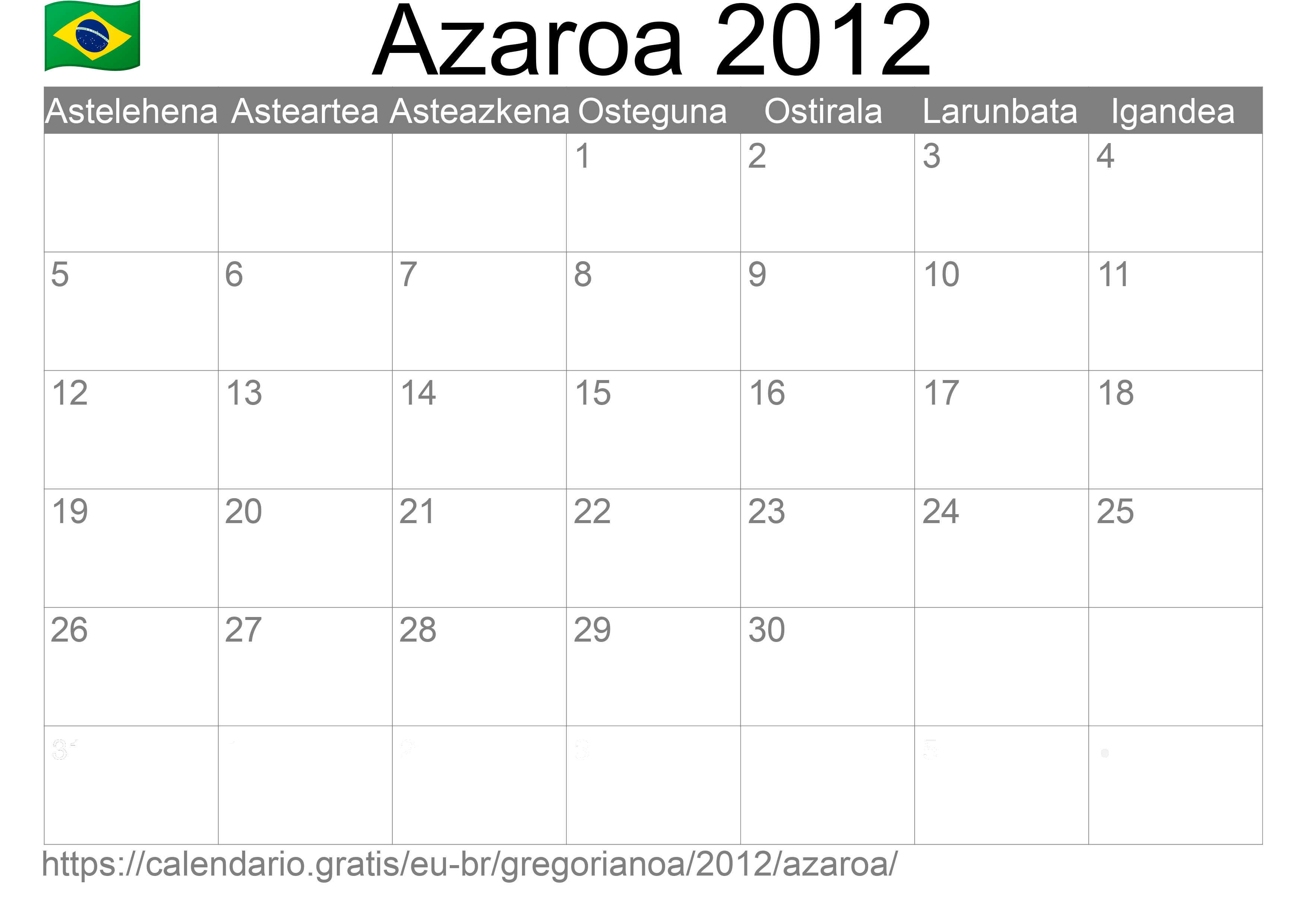 2012ko Azaroa egutegia inprimatzeko