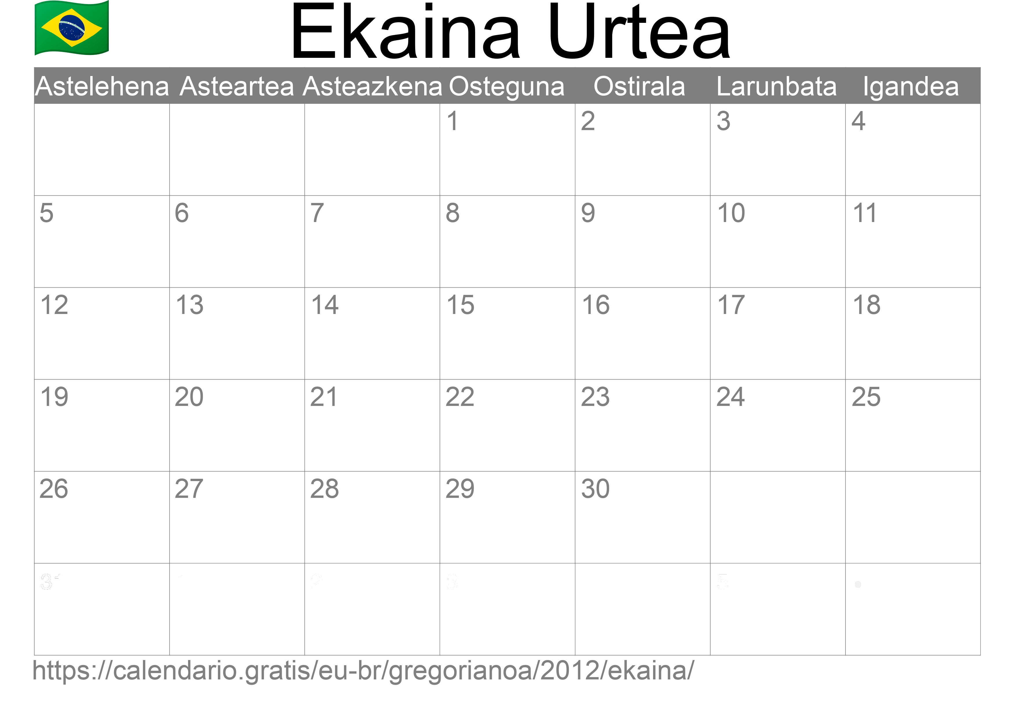 2012ko Ekaina egutegia inprimatzeko