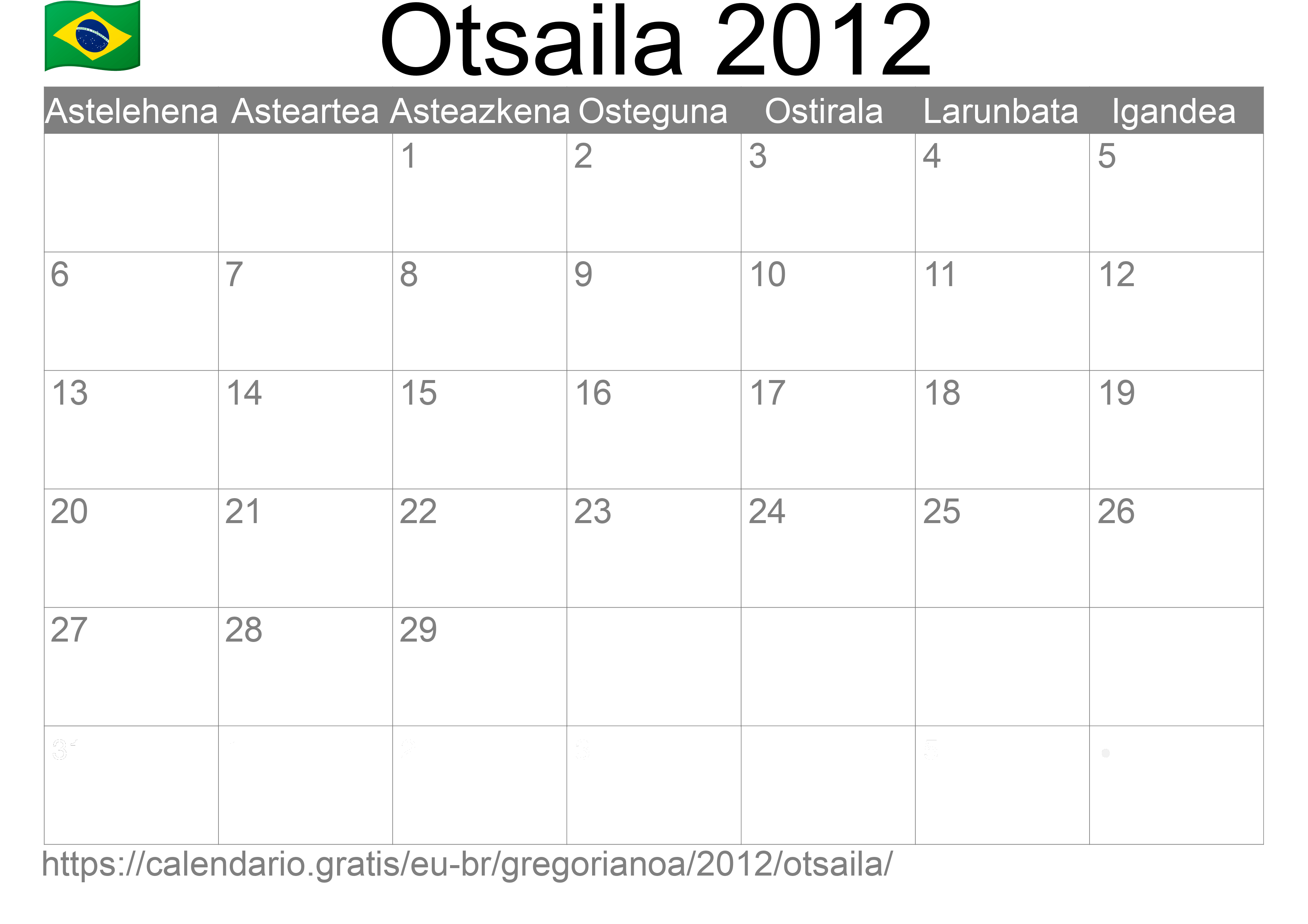 2012ko Otsaila egutegia inprimatzeko