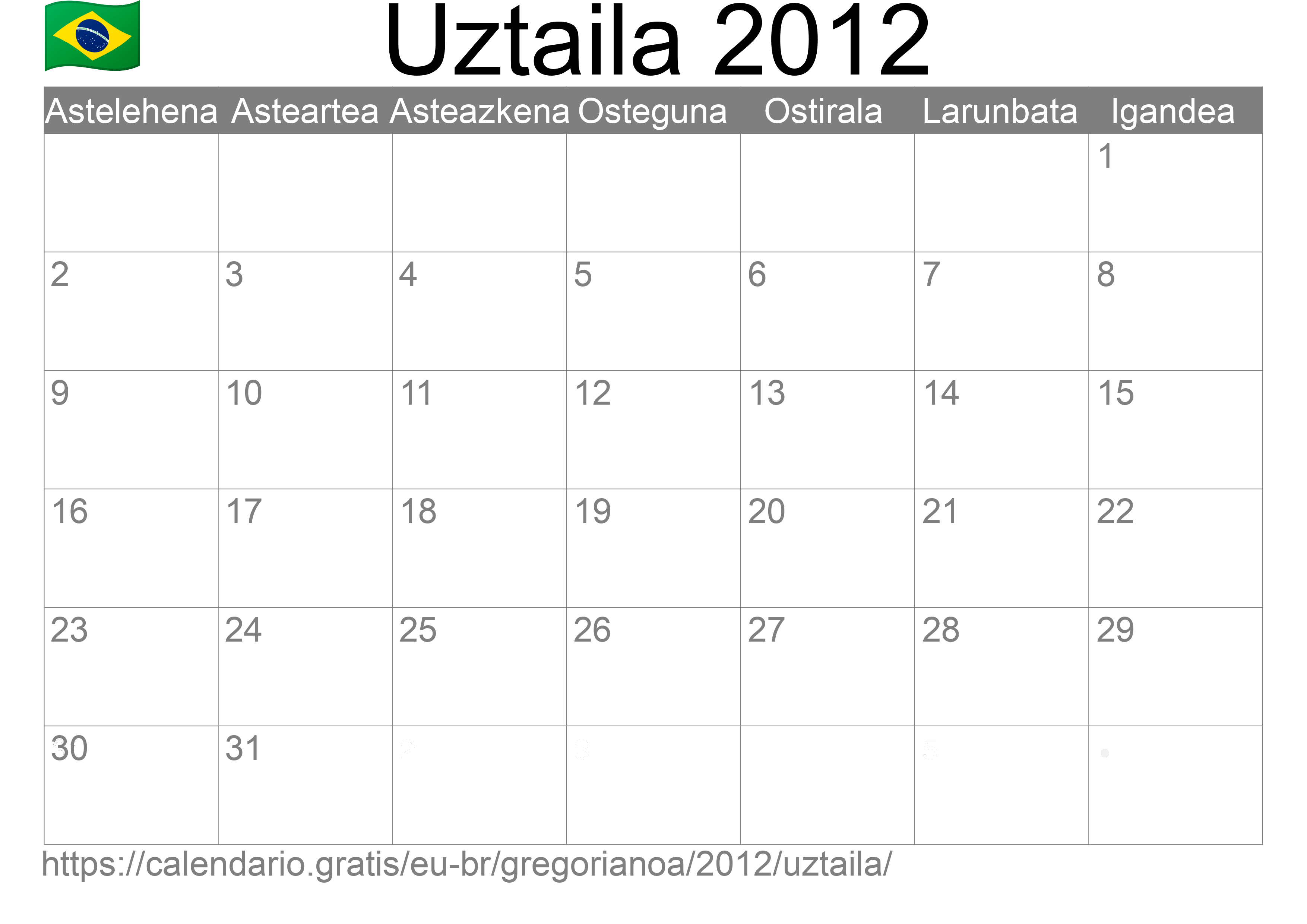 2012ko Uztaila egutegia inprimatzeko