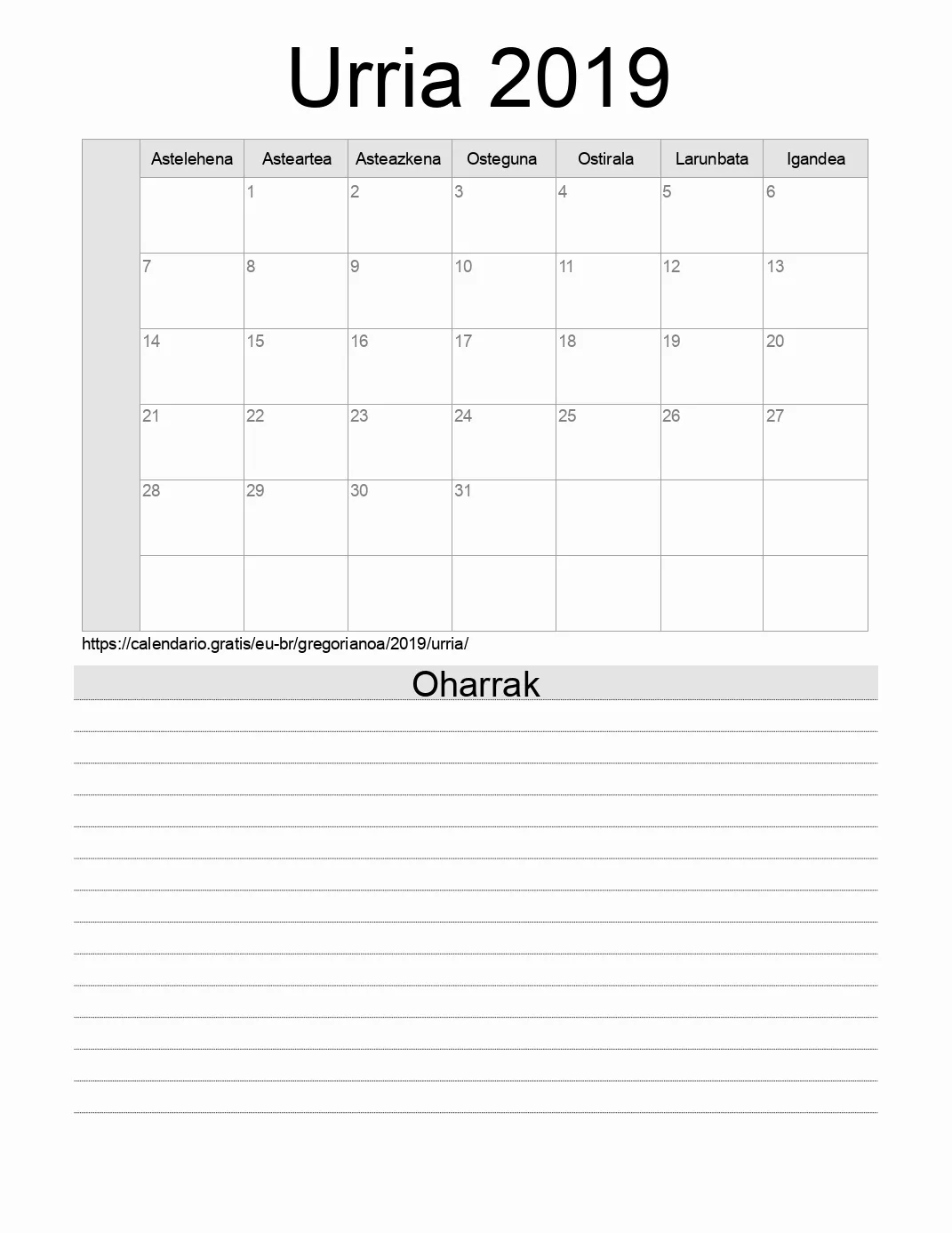 Inprimatzeko Urria 2019 egutegia, oharrekin. (Brasil)