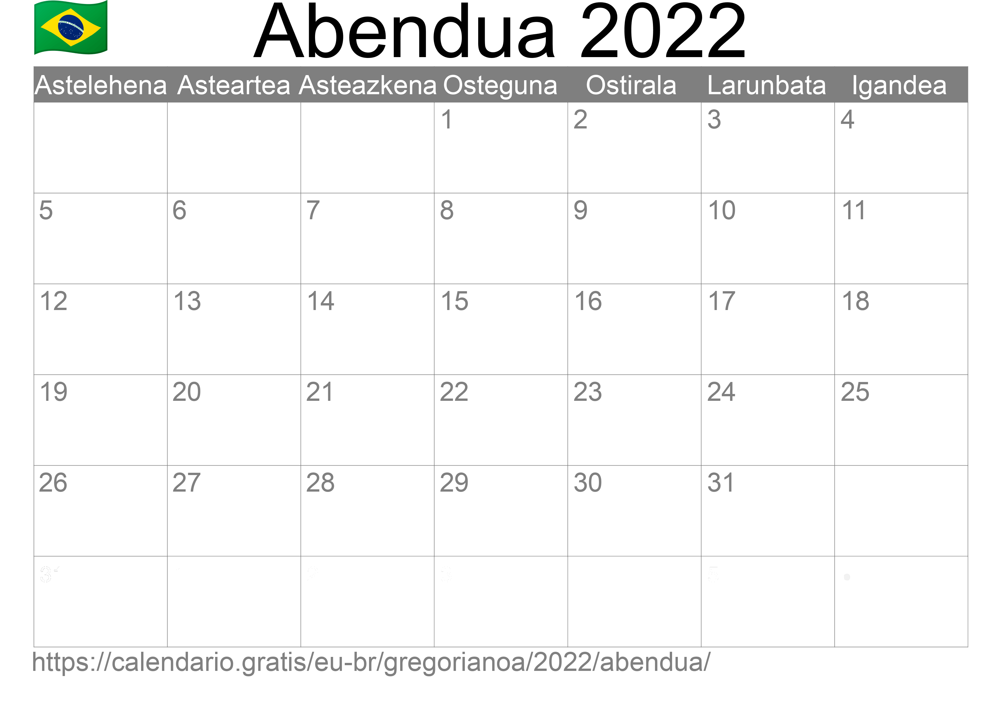 2022ko Abendua egutegia inprimatzeko